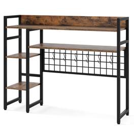 Costway - Desk Shelf 4-Tier Desktop Display Rack with Metal Grid Panel & 6 Hooks Brown - Rustic Brown + Black