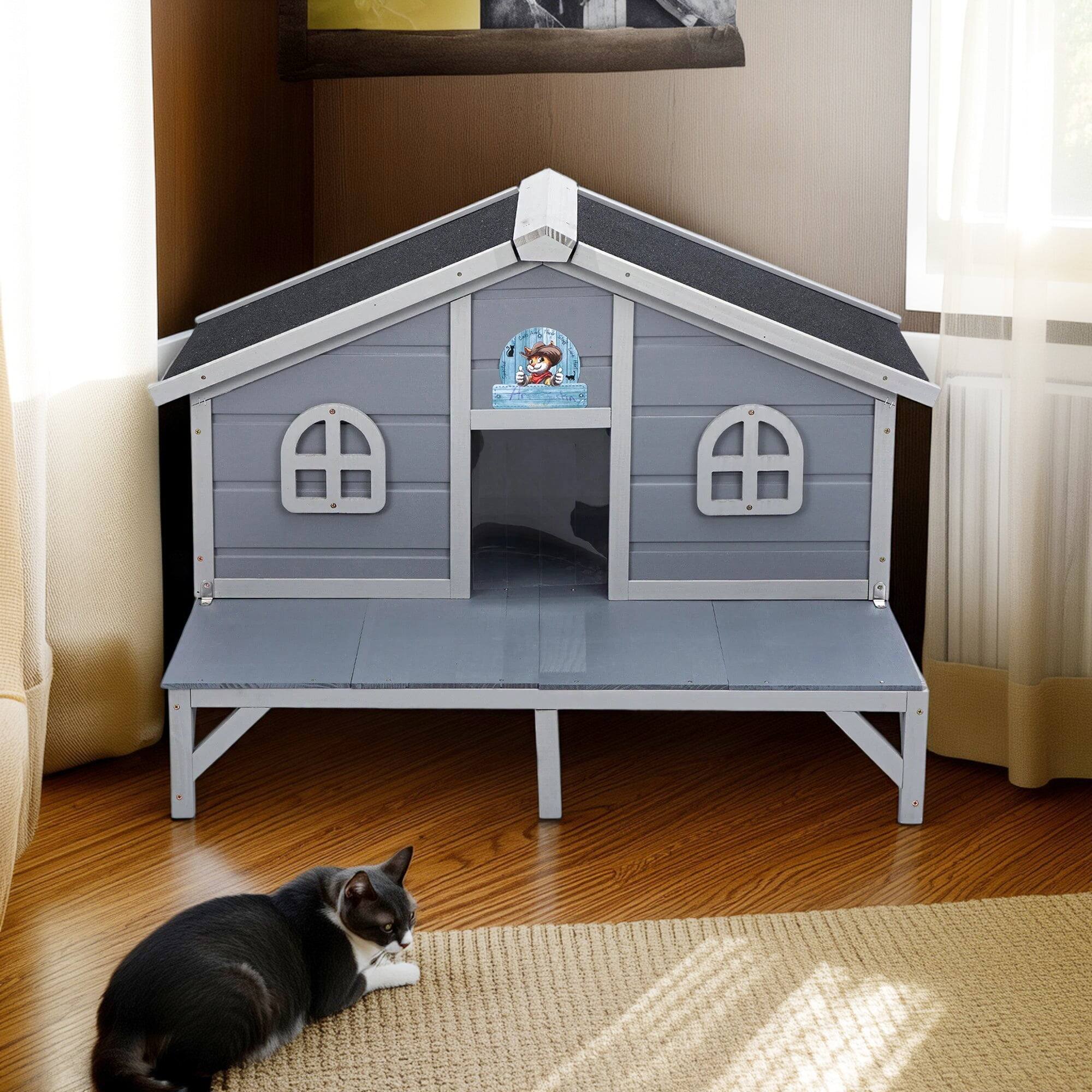Left. Pefilos - 43" All Weather Wooden Cat House for Indoor and Outdoor Weatherproof Cat Shelter with Escape Door, Fringe Curtains.
