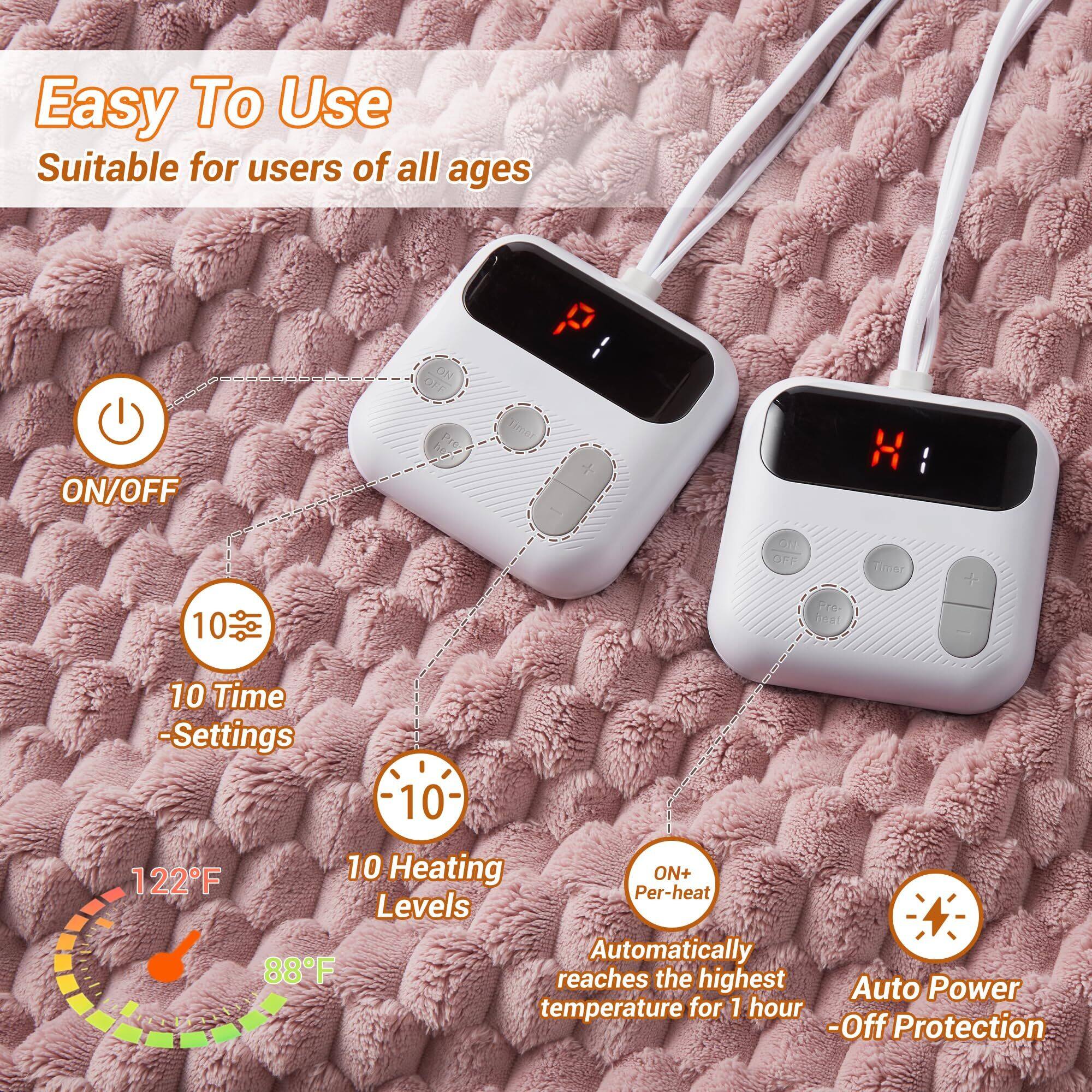 Easy To Use  
Suitable for users of all ages  

ON/OFF  

10 Time Settings  

10 Heating Levels  

122°F  
88°F  

ON+ Per-heat  
Automatically reaches the highest temperature for 1 hour  

Auto Power Off Protection
