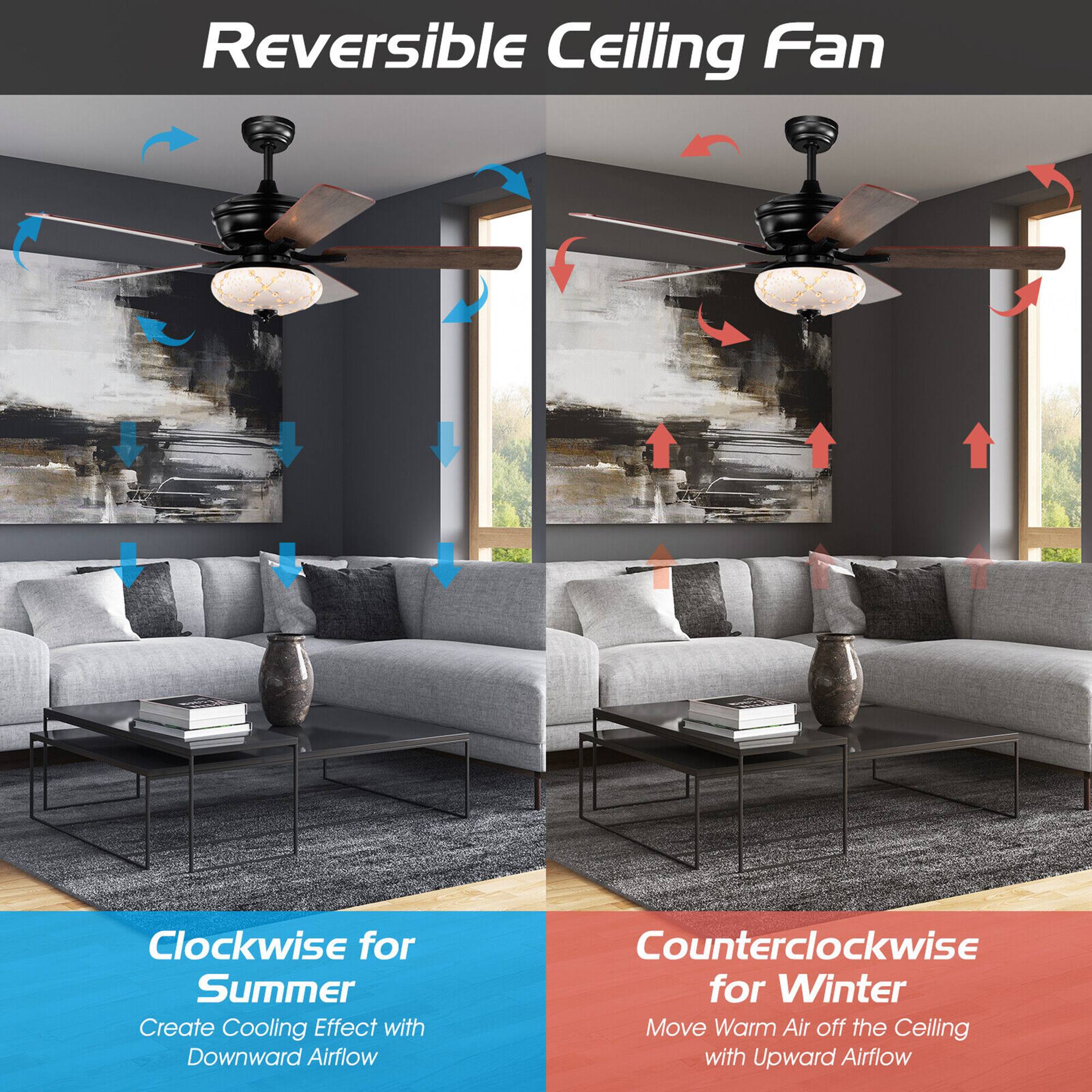 Reversible Ceiling Fan

Clockwise for Summer
Create Cooling Effect with Downward Airflow

Counterclockwise for Winter
Move Warm Air off the Ceiling with Upward Airflow
