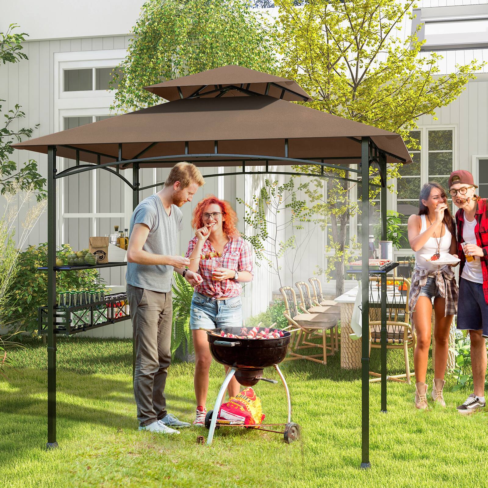 Alt View 1. Gymax - Gymax 8 x 5 FT BBQ Grill Gazebo w/ 2 Side Shelves Storage Basket Hanging Hooks Outdoor Brown & Black - Brown, Black.