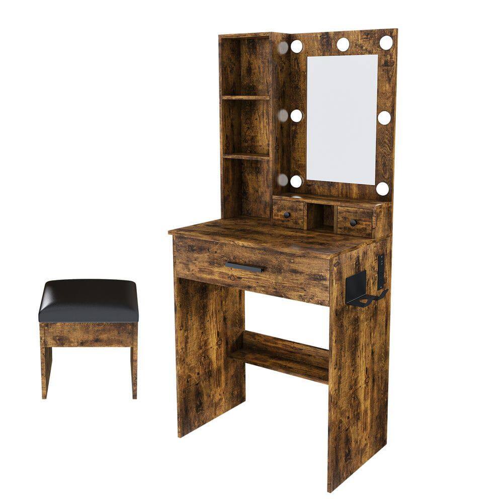 Front. Kadyn - Adjustable LED Mirror Vanity Desk with Power Outlet and Stool - Vintage - Brown.