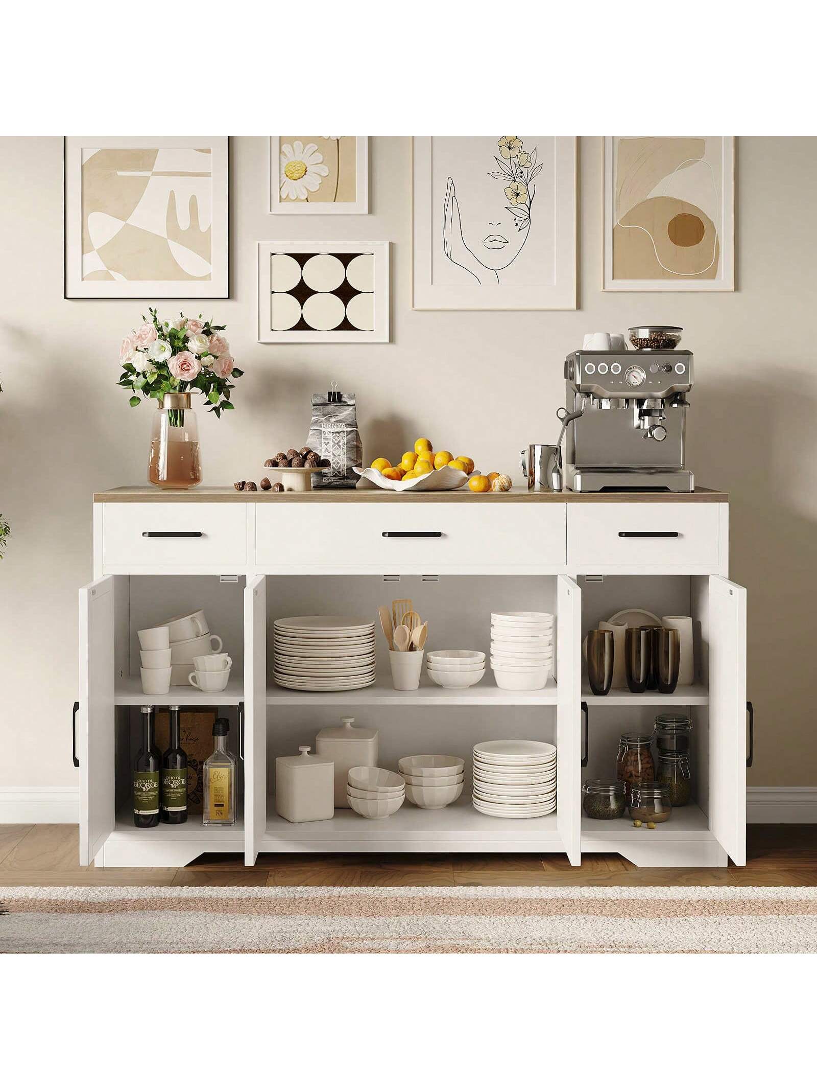 Angle. GARVEE - Sideboard Buffet Cabinet With Storage, 55in Coffee Bar Cabinet, Kitchen Buffet Storage Cabinet, White & Natural Color - White.