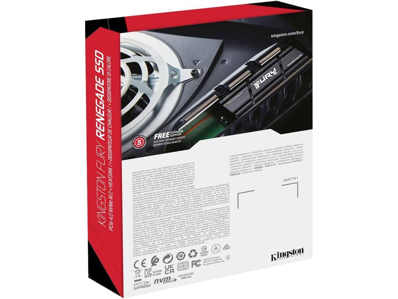 Sure, here is the corrected and grouped text from the image:

---

**Front Panel:**

- KINGSTON FURY RENEGADE SSD
- PCIe 4.0 NVMe M.2 2280
- FREE TECHNICAL SUPPORT
- kingston.com/fury
- kingston.com/fury

**Side Panel:**

- KINGSTON FURY RENEGADE SSD
- POLE 4.0 DE CHAUFFEUR DE CALORIE + DISSIPATEUR
- FREE TECHNICAL SUPPORT
- kingston.com/fury

**Back Panel:**

- KINGSTON FURY RENEGADE SSD
- POLE 4.0 DE CHAUFFEUR DE CALORIE + DISSIPATEUR
- FREE TECHNICAL SUPPORT
- kingston.com/fury

**Technical Specifications:**

- PCIe 4.0 NVMe M.2 2280
- 5 YEARS WARRANTY

**Certifications and Compliance:**

- CE
- FCC
- ICES-3 (CAN)
- VCCI (JPN)
- UKCA
- RoHS
- REACH
- nVMe

**Limited Warranty:**

-