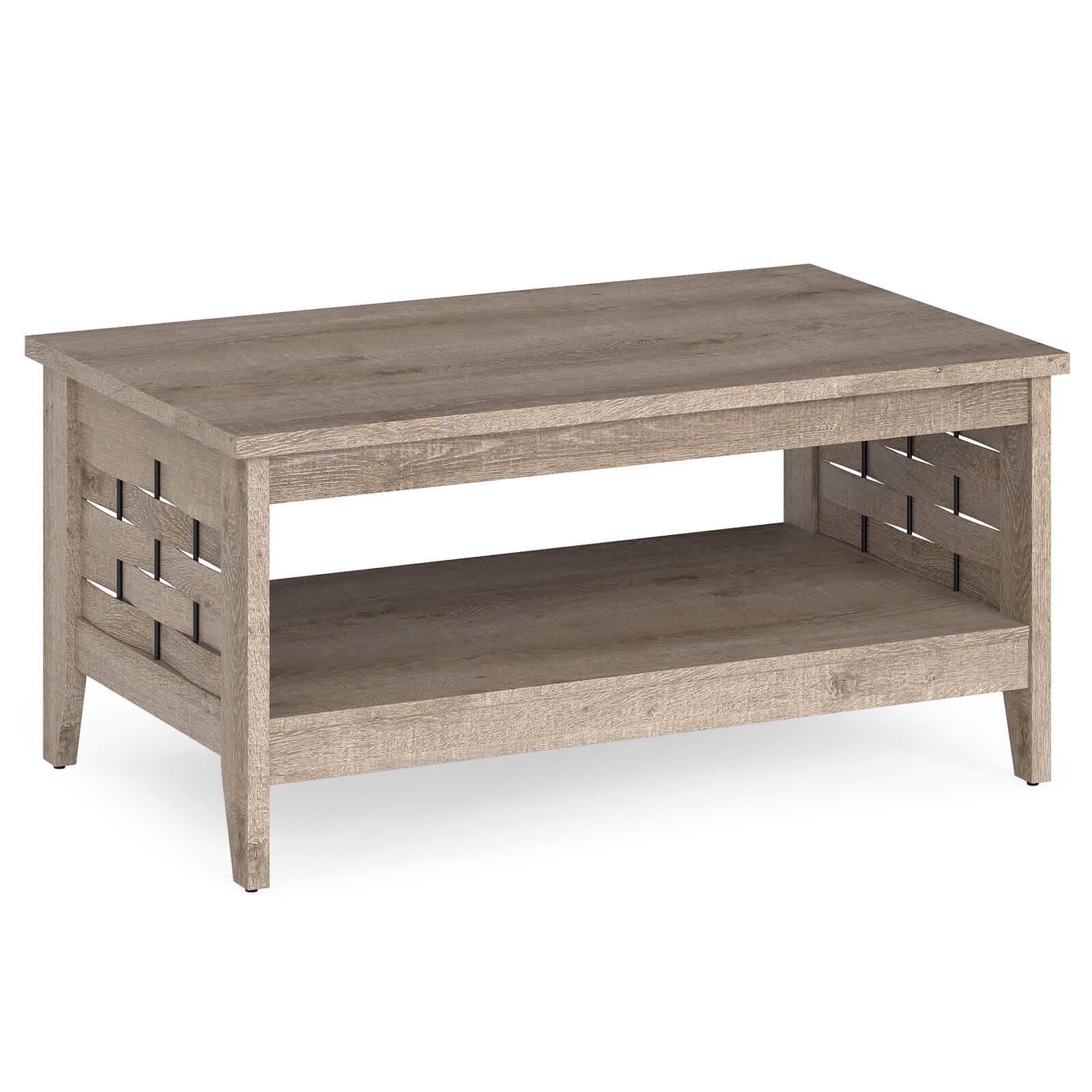 Alt View 9. Costway - Costway 39.5" 2-Tier Coffee Table with Open Shelf Woven Decorations Storage for Living Room - Rustic Oak.