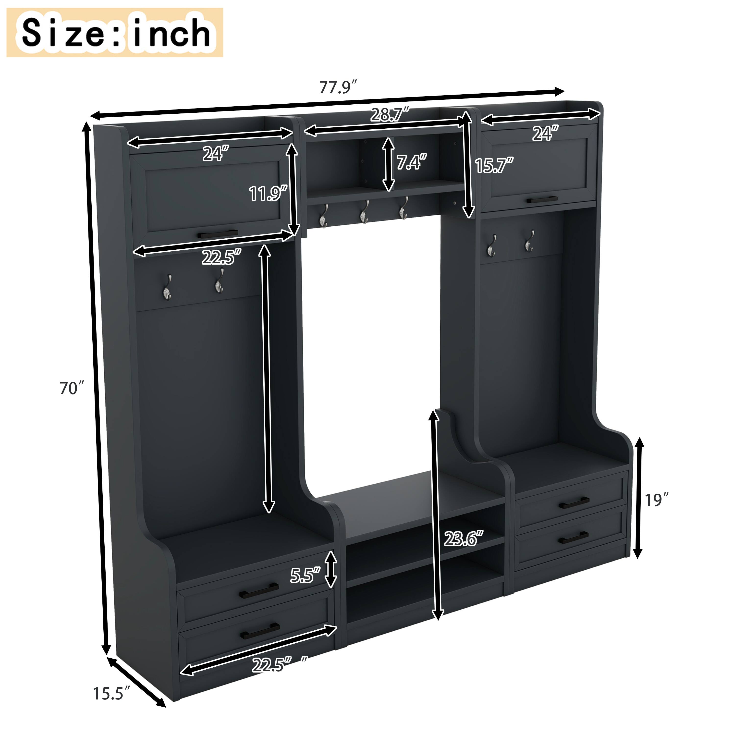 Size: inch  
24" 11.9" 77.9" 28.7" 7.4" 24" 15.7" 22.5" 70" 19" 23.6" 5.5" 15.5" 22.5"