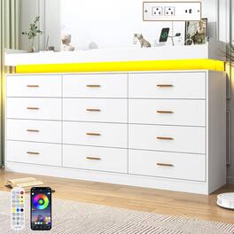 Espafurni - 12 - Drawer Dresser with LED Light & Charging Station - Modern Chest for Bedroom, Living Room, Entryway & Hallway - White