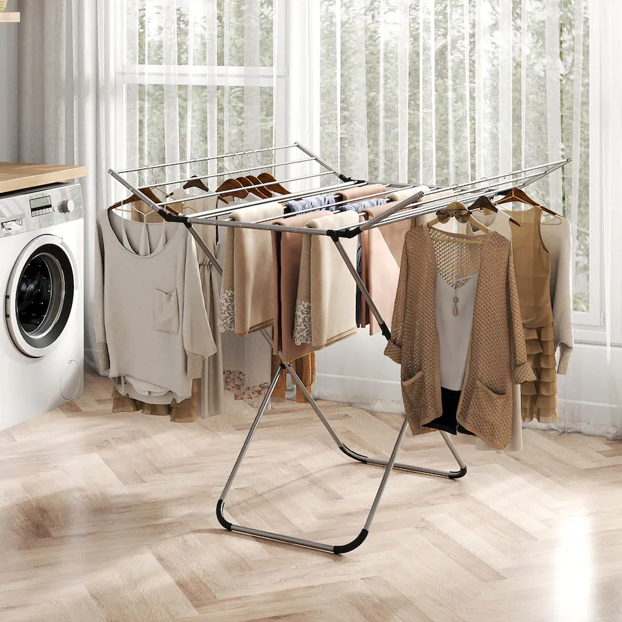 Gymax Folding Aluminum Clothes Drying Rack w/2 Side Wings for Clothes ...