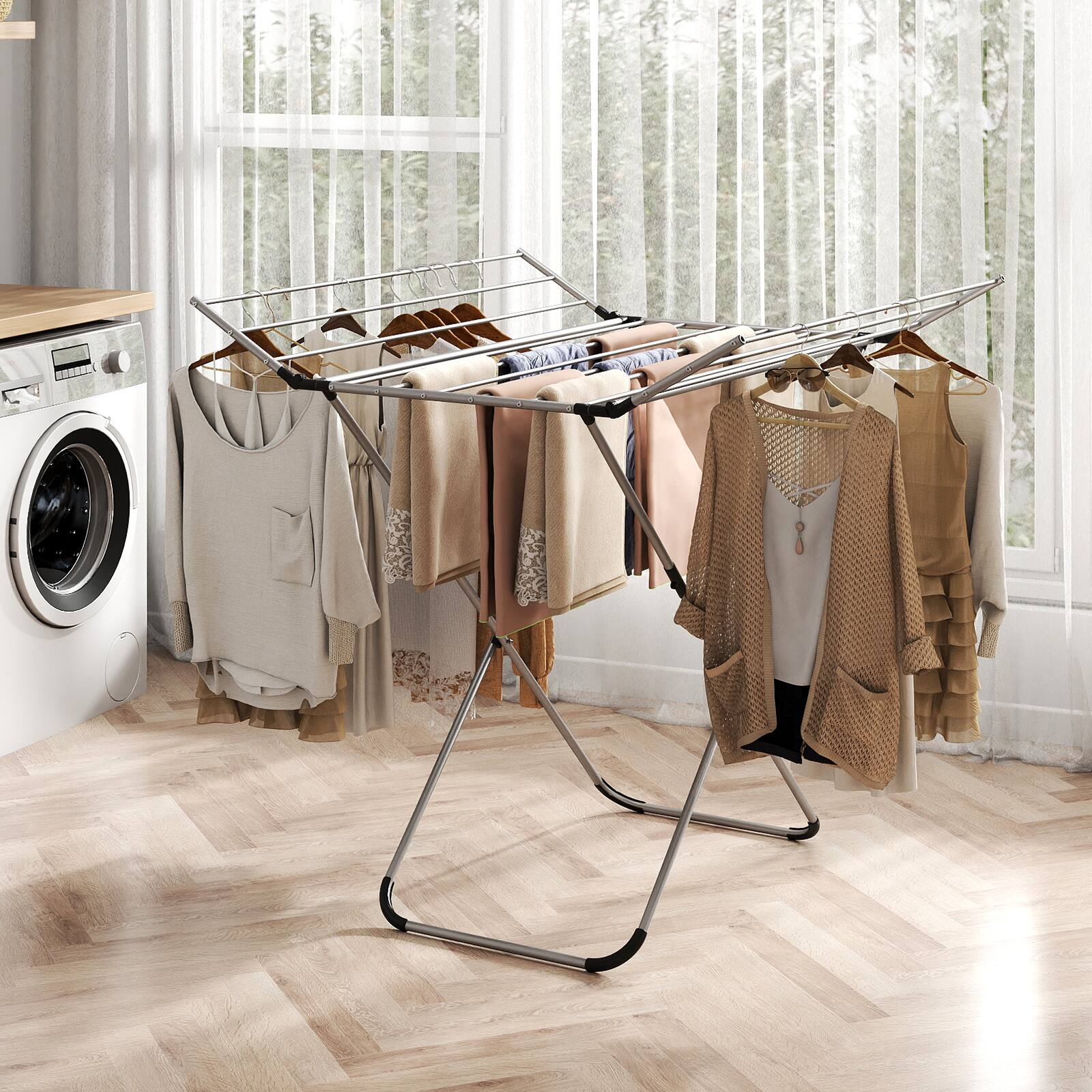 Alt View 1. Gymax - Gymax Folding Aluminum Clothes Drying Rack w/2 Side Wings for Clothes Towels Underwear - Silver.