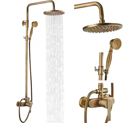 Front. Dazzed Corner - Antique Brass Exposed Pipe Shower System, Single Handle - Antique Brass.