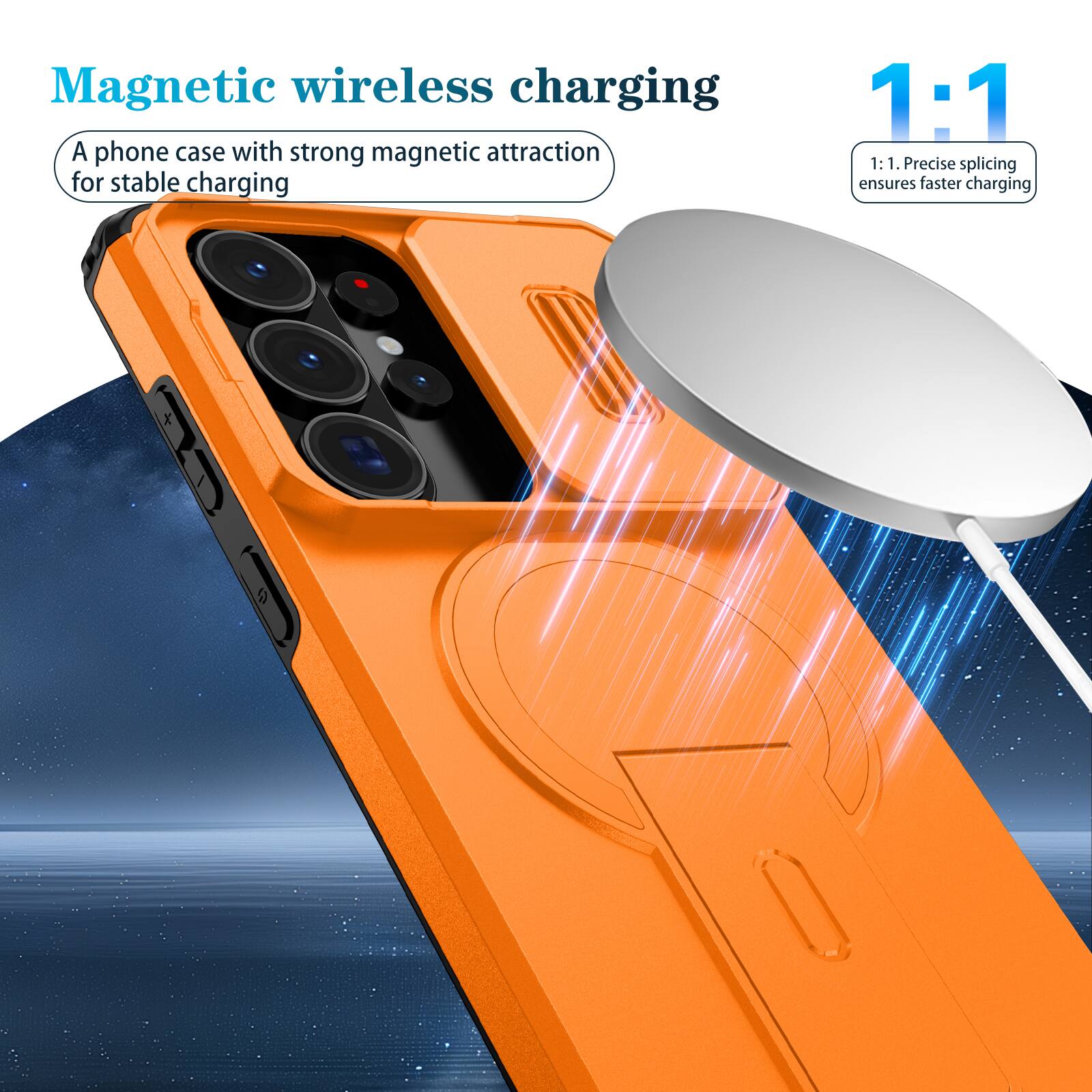 Magnetic wireless charging

A phone case with strong magnetic attraction for stable charging

1:1

1:1. Precise splicing ensures faster charging