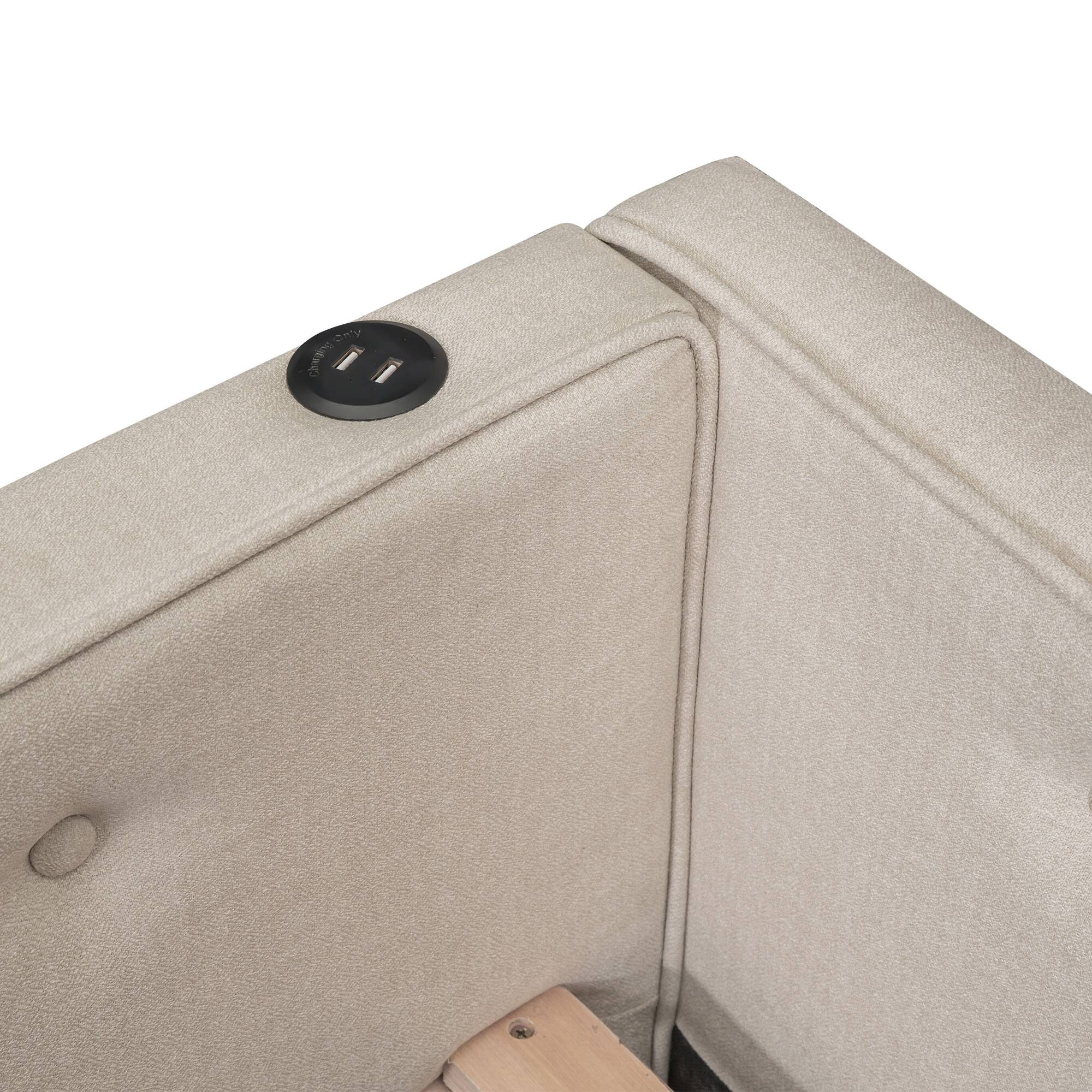 Alt View 4. LUCKY ONE - Full Size Upholstered Platform Bed with USB and Twin Size Trundle - Beige.