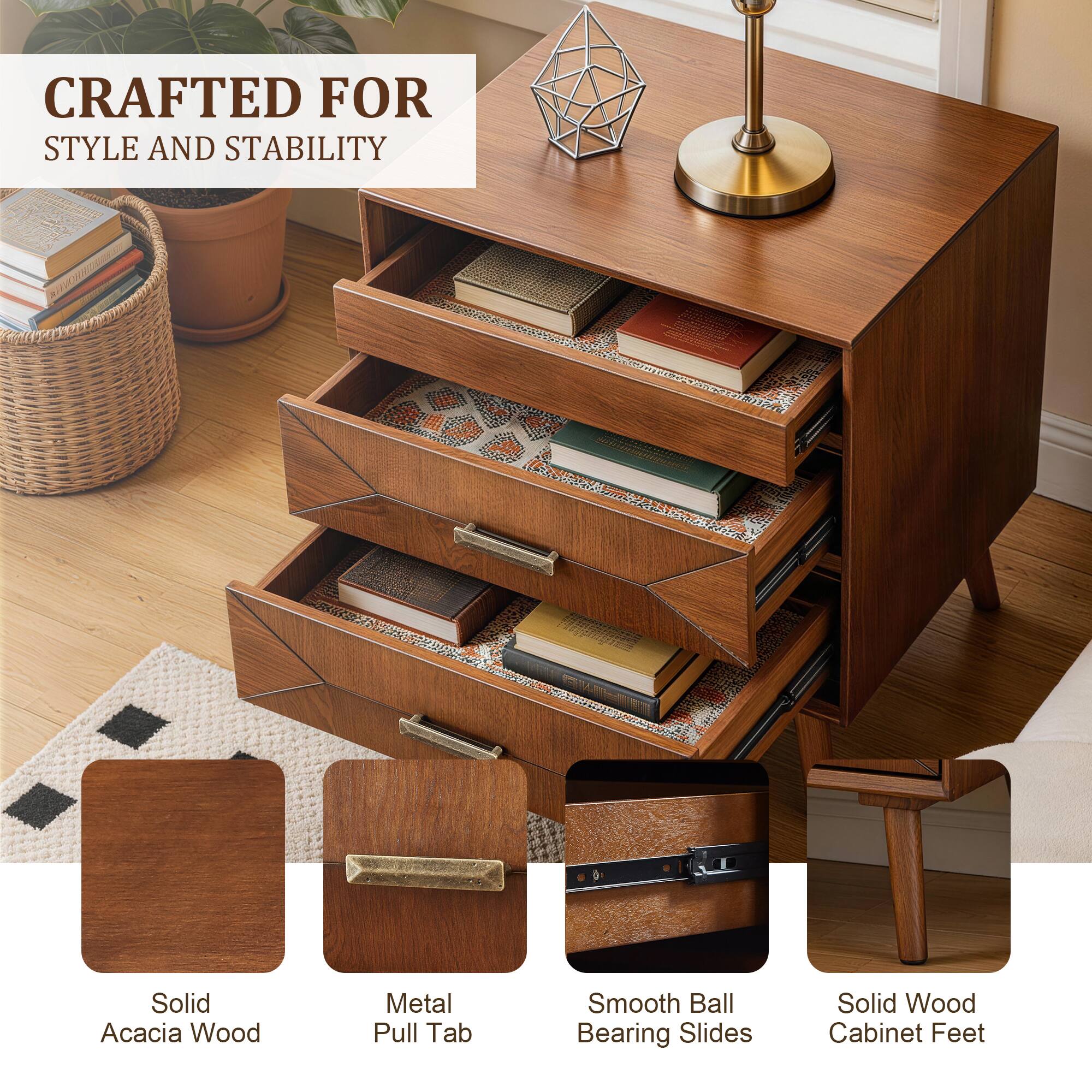 CRAFTED FOR STYLE AND STABILITY

- Solid Acacia Wood
- Metal Pull Tab
- Smooth Ball Bearing Slides
- Solid Wood Cabinet Feet