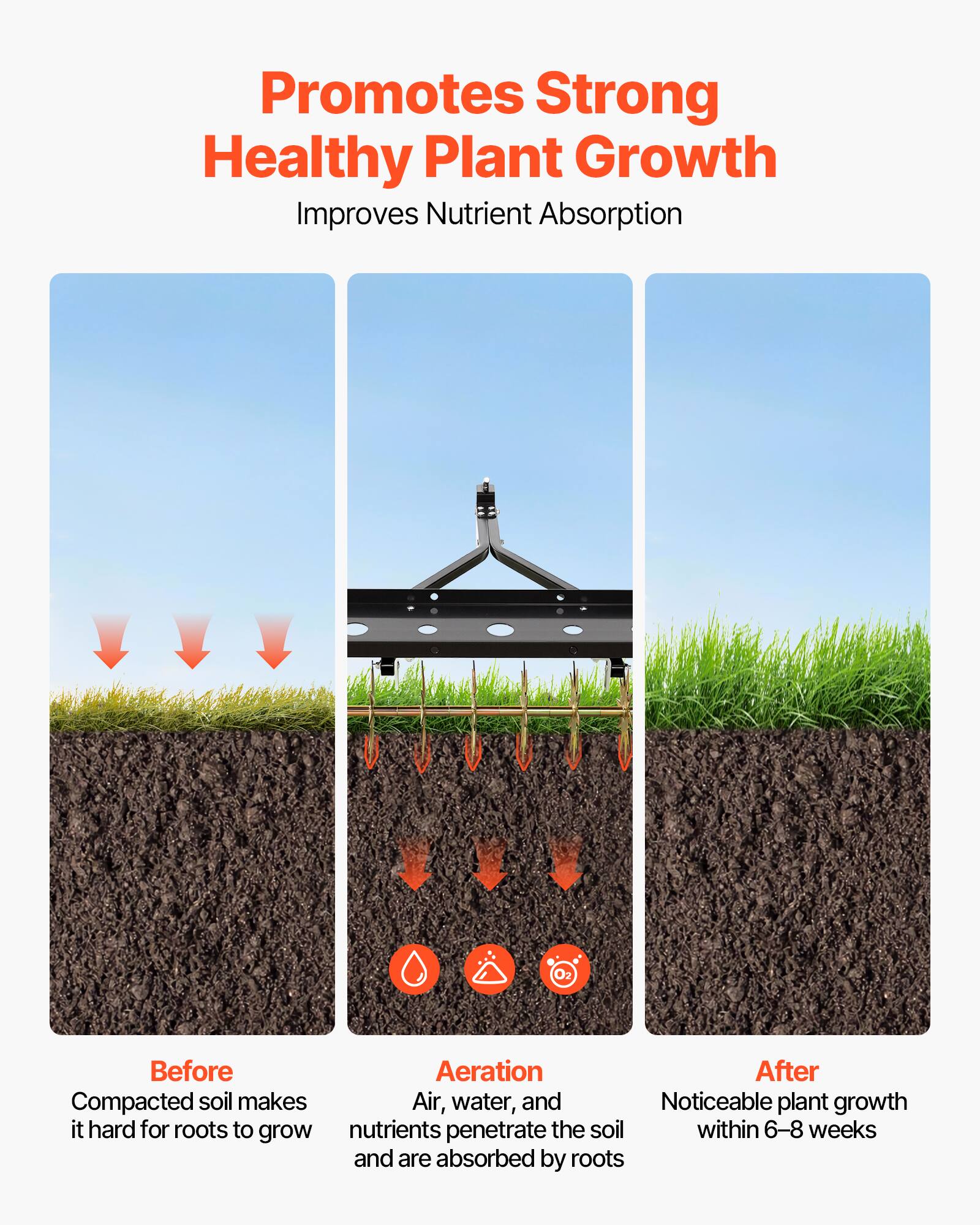 Promotes Strong Healthy Plant Growth  
Improves Nutrient Absorption

Before  
Compacted soil makes it hard for roots to grow

Aeration  
Air, water, and nutrients penetrate the soil and are absorbed by roots

After  
Noticeable plant growth within 6-8 weeks
