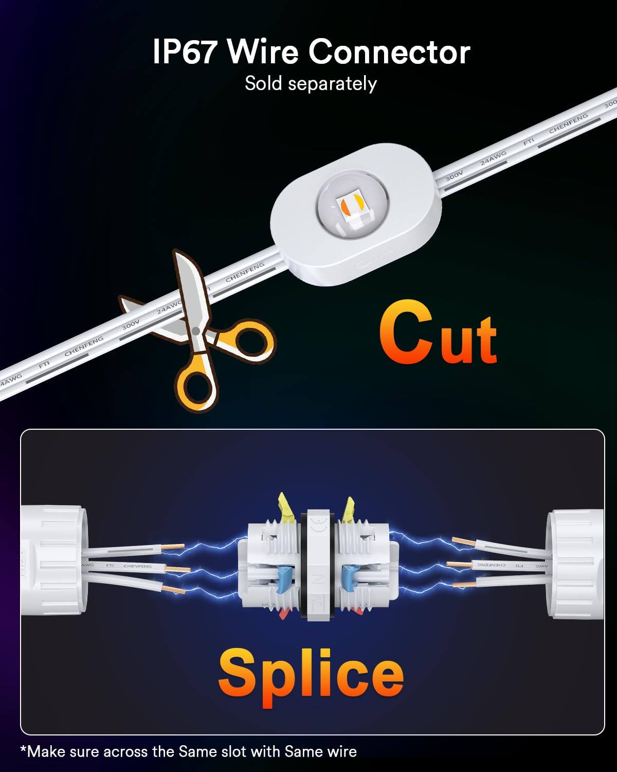 IP67 Wire Connector Sold separately

300V

CHENFENG FTI M4AWG

CHENFENG FT1 24AWG

CHENFENG

Cut

Splice

*Make sure across the Same slot with Same wire