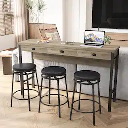 Loheer - Dining Table Set With Three Stools and Tabletop Power Outlets, Brown Gray and Black - Brown Gray Table and Black Stool