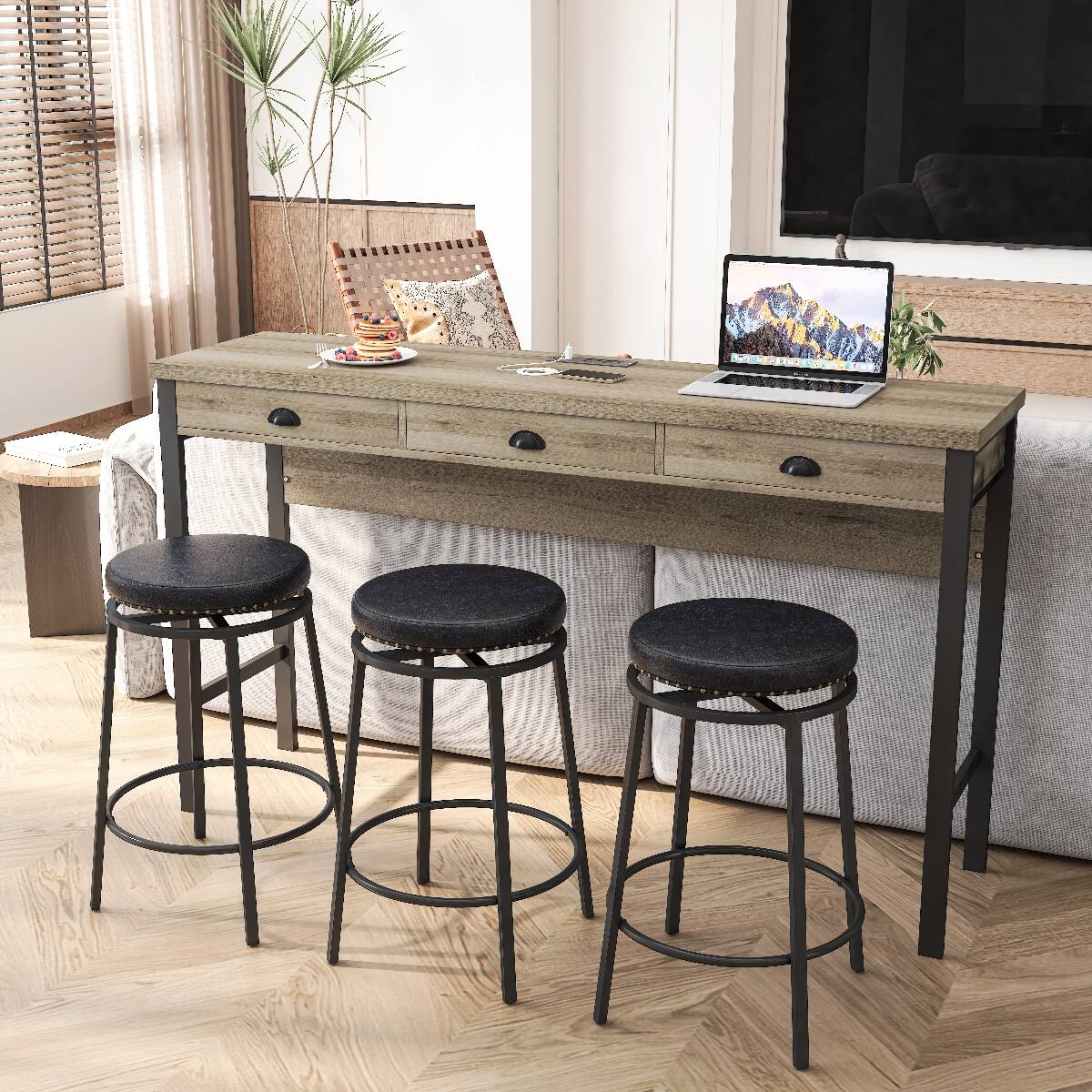 Front. Loheer - Loheer Dining Table Set With Three Stools and Tabletop Power Outlets, Brown Gray and Black - Brown Gray Table and Black Stool.