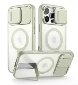 SURITCH - Rugged Case for iPhone 16 Pro Max, Compatible with MagSafe, Built-in Kickstand & Camera Cover & Translucent Back - Khaki Green