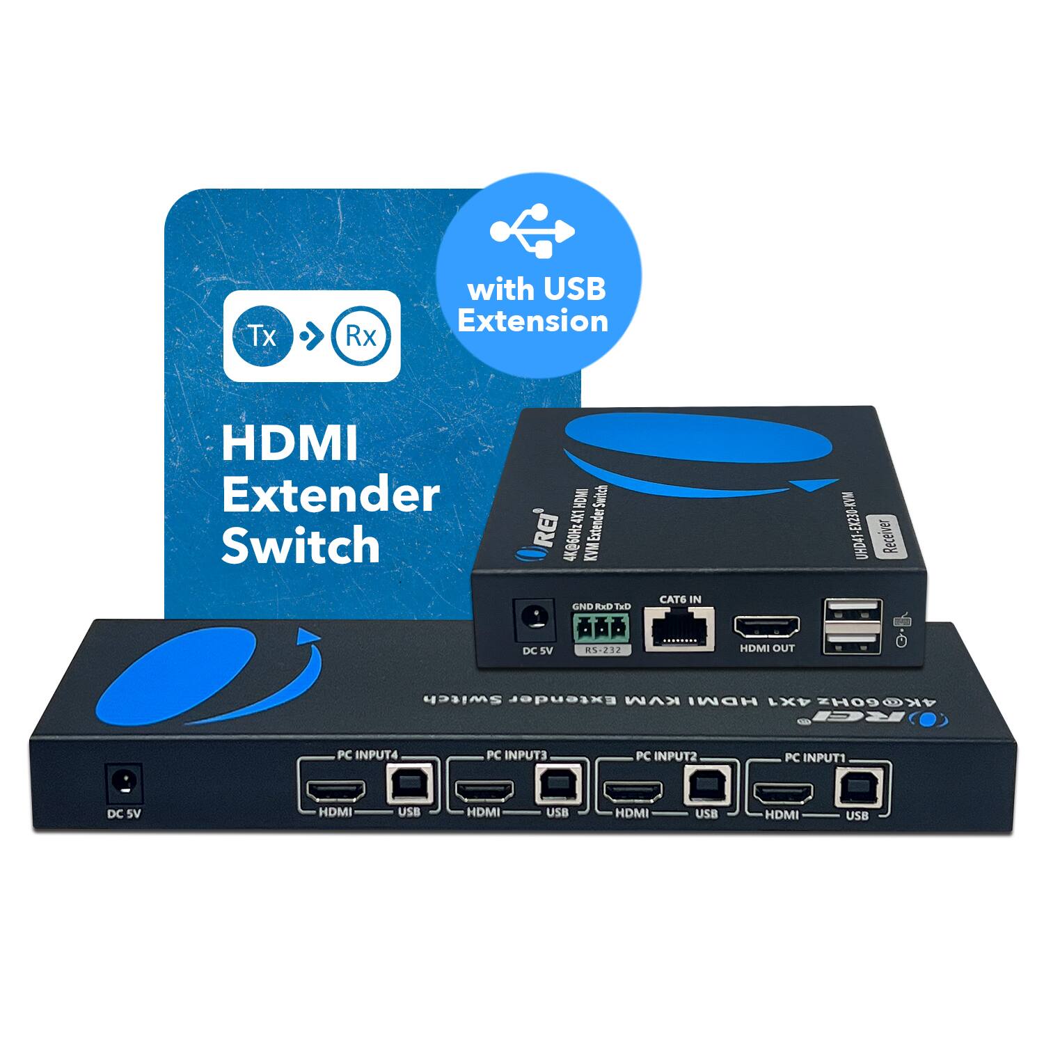 Tx Rx with USB Extension HDMI Extender Switch

HOM Switch

REI' 3 Extender

KVM

GND

RaS TwE

CATE N

UHD41-EX230-KVW

DC SV

5-232

HDMI OUT

L Switch

Extender KVM

HDMI 4X1

4K@6OHZ

RC

PC INPUT4

PC INPUTS

PC INPUTZ

PC INPUTI

DC SV

HDMI

USB

HDMI

USB

HDMI

USB

HDMI

USB