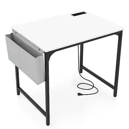 Front. Ecooso - 32 Inch Small Computer Desk with Charging Station, Compact Workstation for Home Office - White.