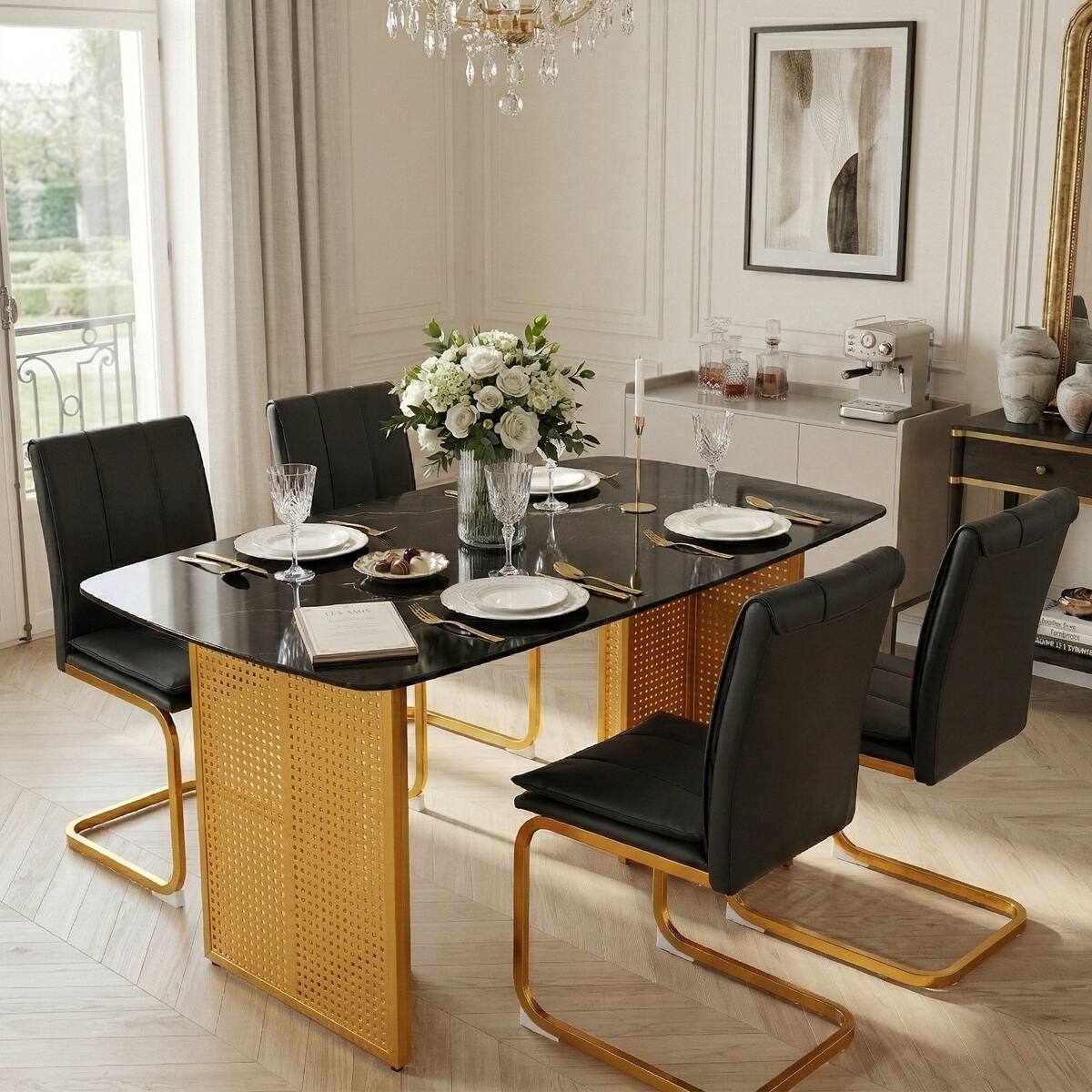 Loheer Rectangular Tempered Glass Dining Table for 6 with Marble ...