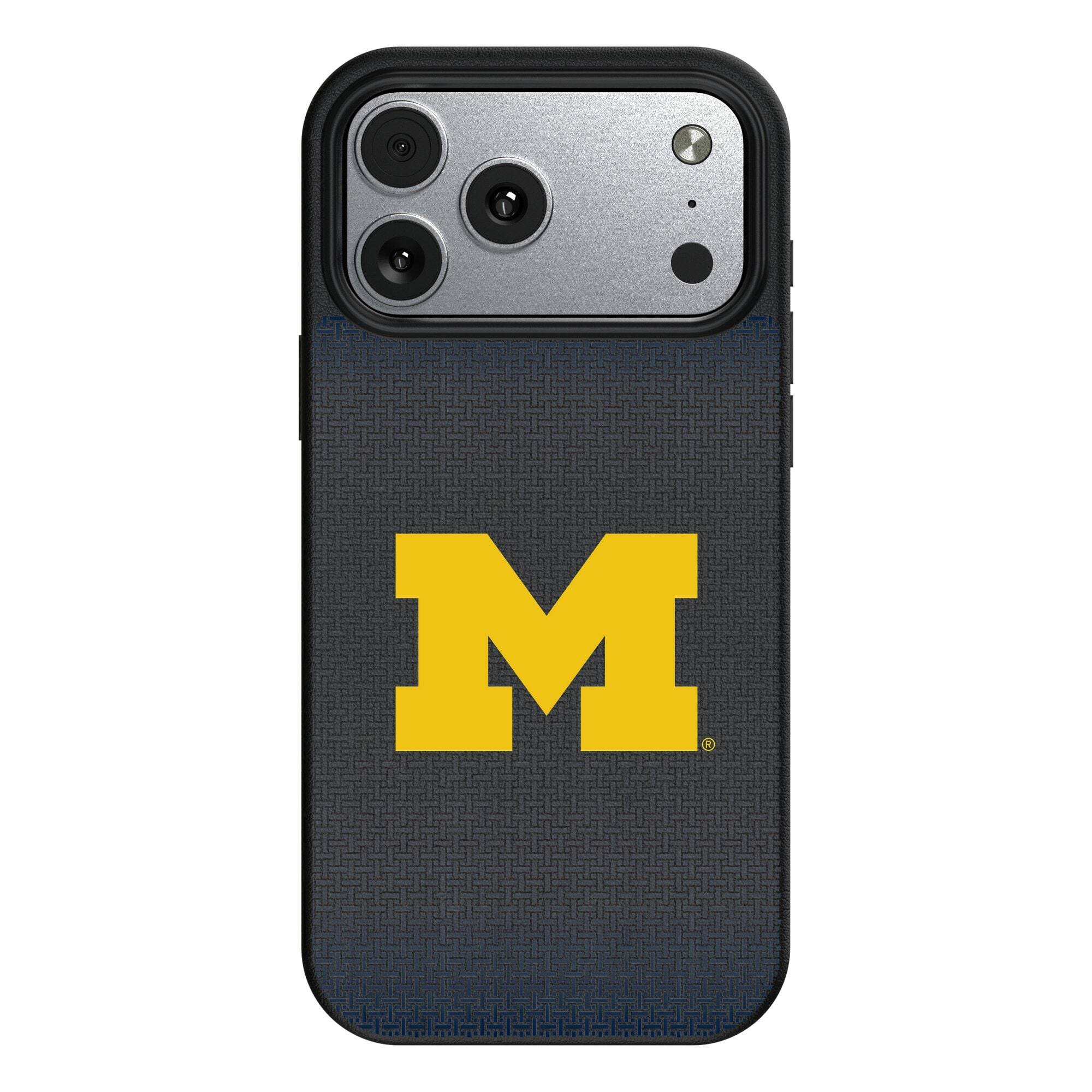 Front. Keyscaper - Michigan Wolverines Linen Logo iPhone Magnetic Bump Case - 15 Pro - Black.