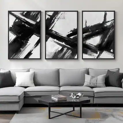 Front. Hanke - Large Framed Neutral Abstract Wall Art Living Room Piece Boho Canvas Prints 24 x 36 inches - Brushstrokes 24" W x 36" H x 3Pcs.