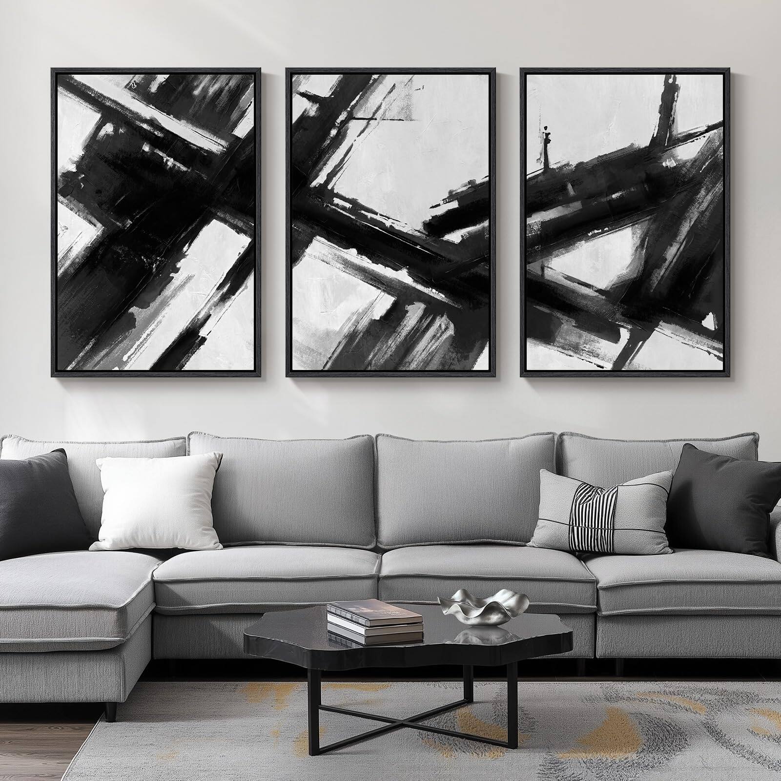 Front. Hanke - Large Framed Neutral Abstract Wall Art Living Room Piece Boho Canvas Prints 24 x 36 inches - Brushstrokes 24" W x 36" H x 3Pcs.