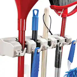 Home It - 1 Pack Broom and Mop Holder Rack – Wall Mounted Garage Storage System with 5 Slots & 6 Hooks, 7.5 lbs Per Slot - White