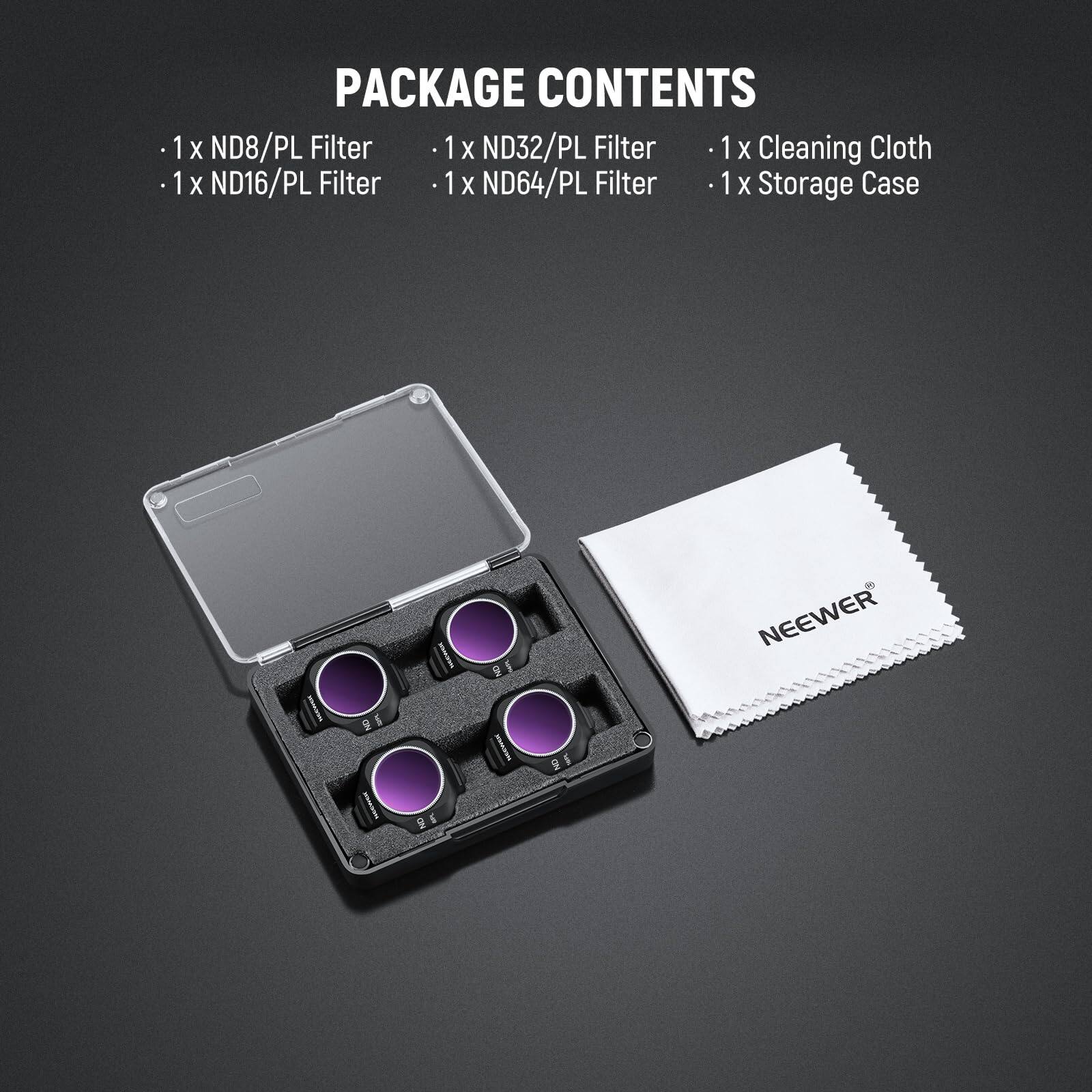 PACKAGE CONTENTS

- 1 x ND8/PL Filter
- 1 x ND16/PL Filter
- 1 x ND32/PL Filter
- 1 x ND64/PL Filter
- 1 x Cleaning Cloth
- 1 x Storage Case