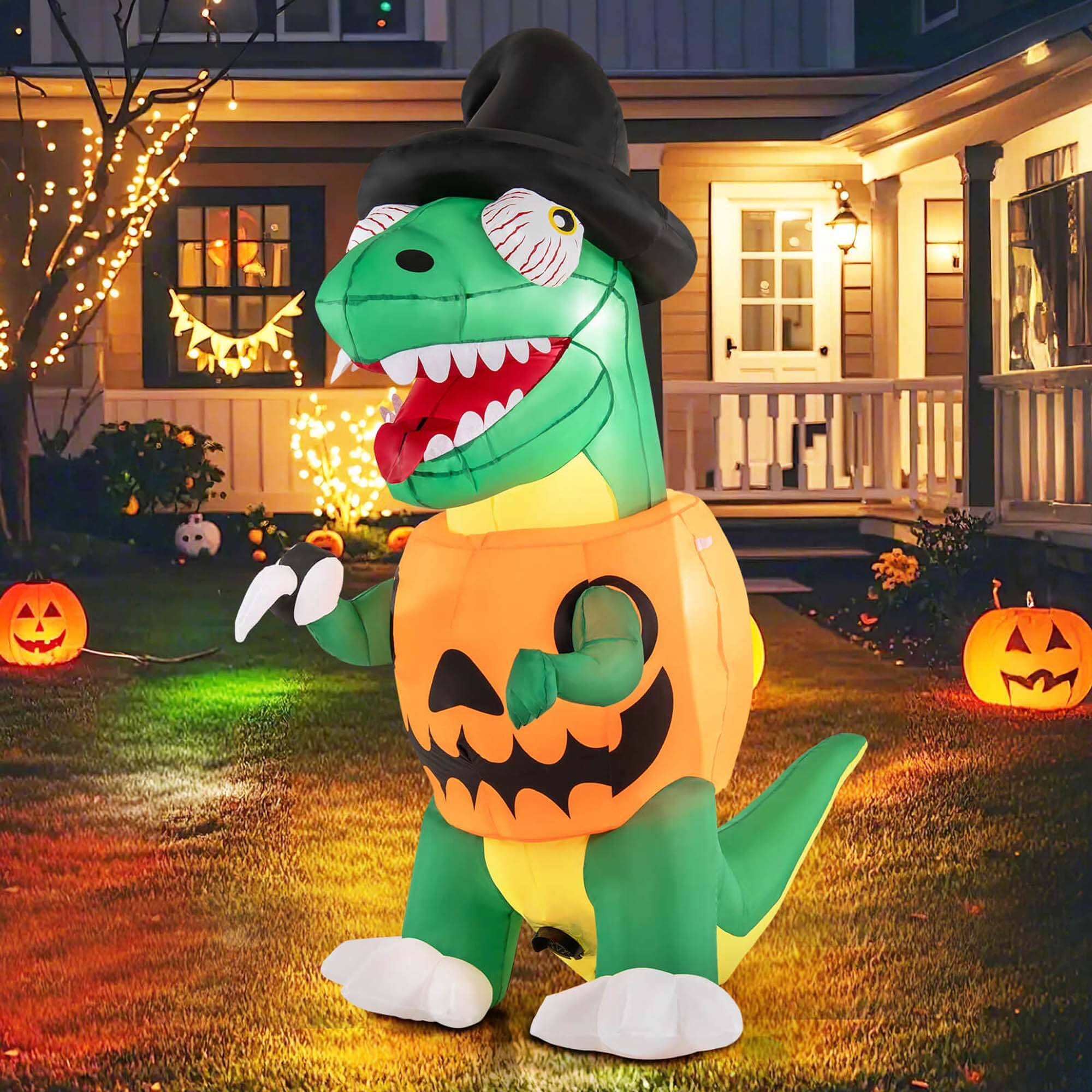 Alt View 1. Costway - Costway 6 FT Inflatable Pumpkin Dinosaur with Built-in LED Lights & Witch Hat Stakes - Green.