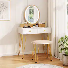 WELLFOR - Makeup Vanity Desk with Oval 3‑Color Lighted Mirror,Charging Station, 4 Drawers and Velvet Padded Stool for Bedroom - White