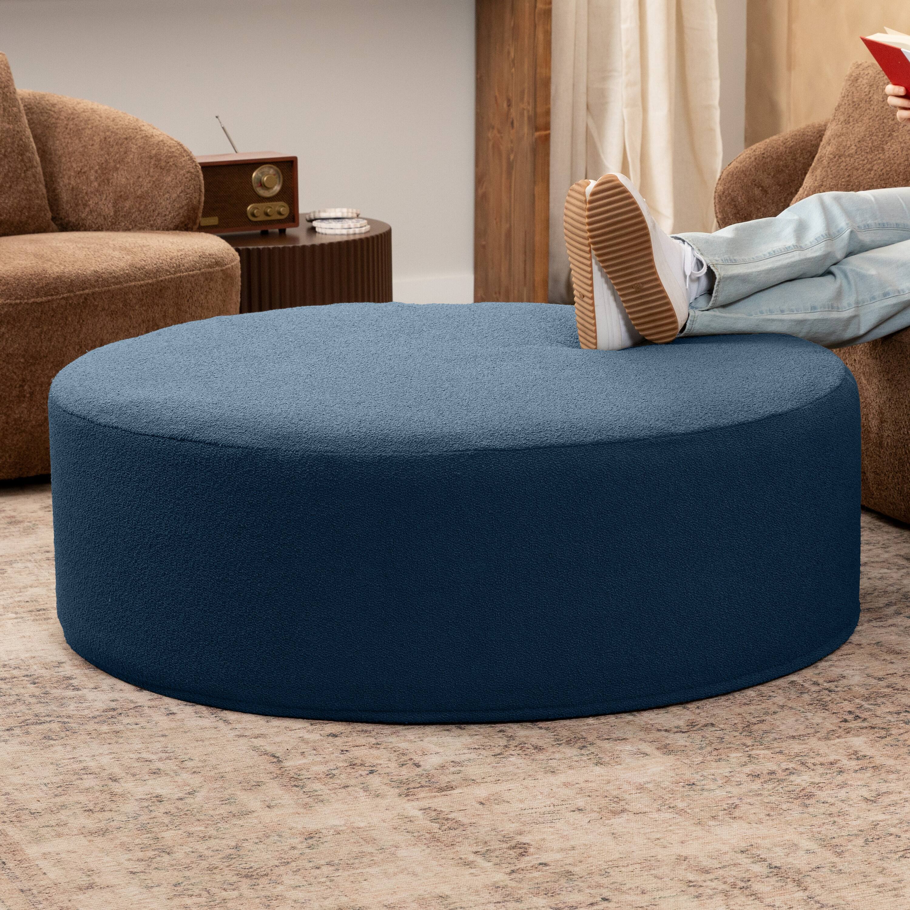 Angle. Jaxx - Jaxx Candler Round Couch Oversized Giant Coffee Table Ottoman 44”,  Boucle Navy - Boucle Navy.