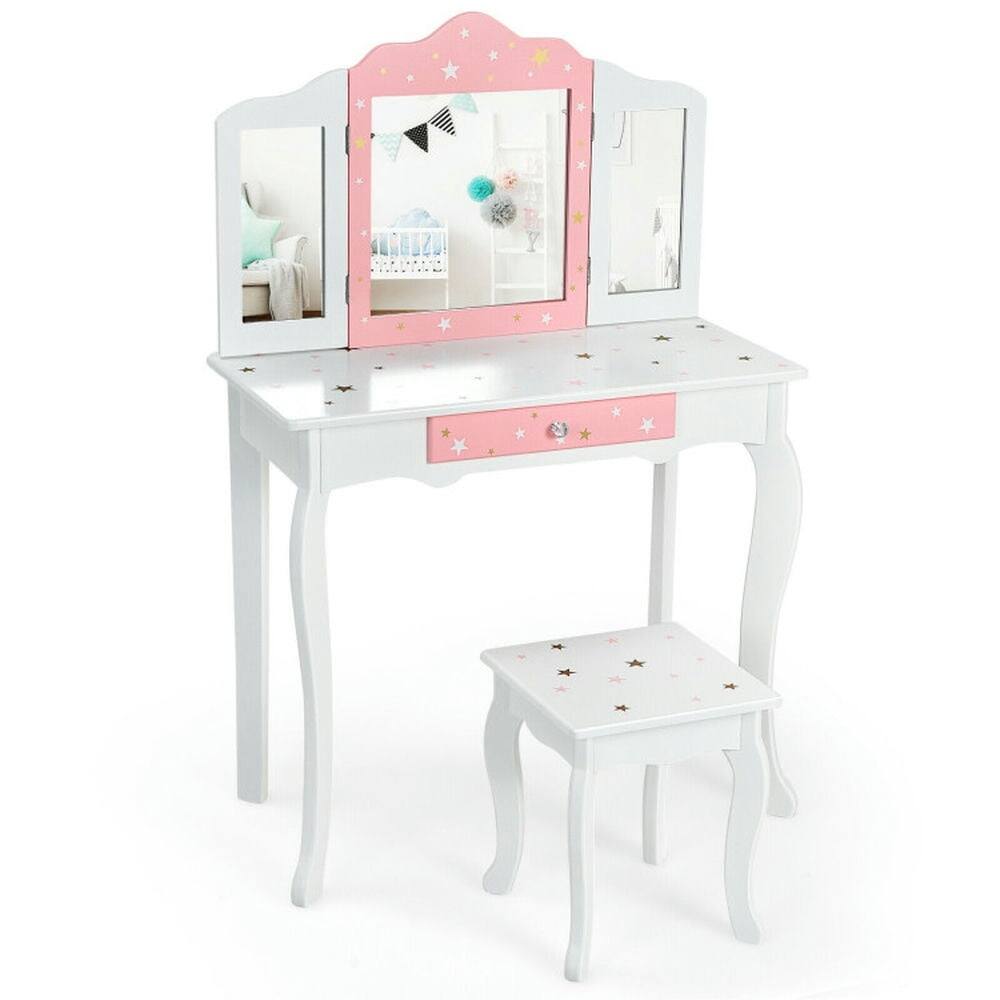 Alt View 2. Kadyn - Kids Princess Vanity Table and Stool Set with Tri-folding Mirror and Drawer-White, Kids Makeup Vanity for Girls Kids - White.