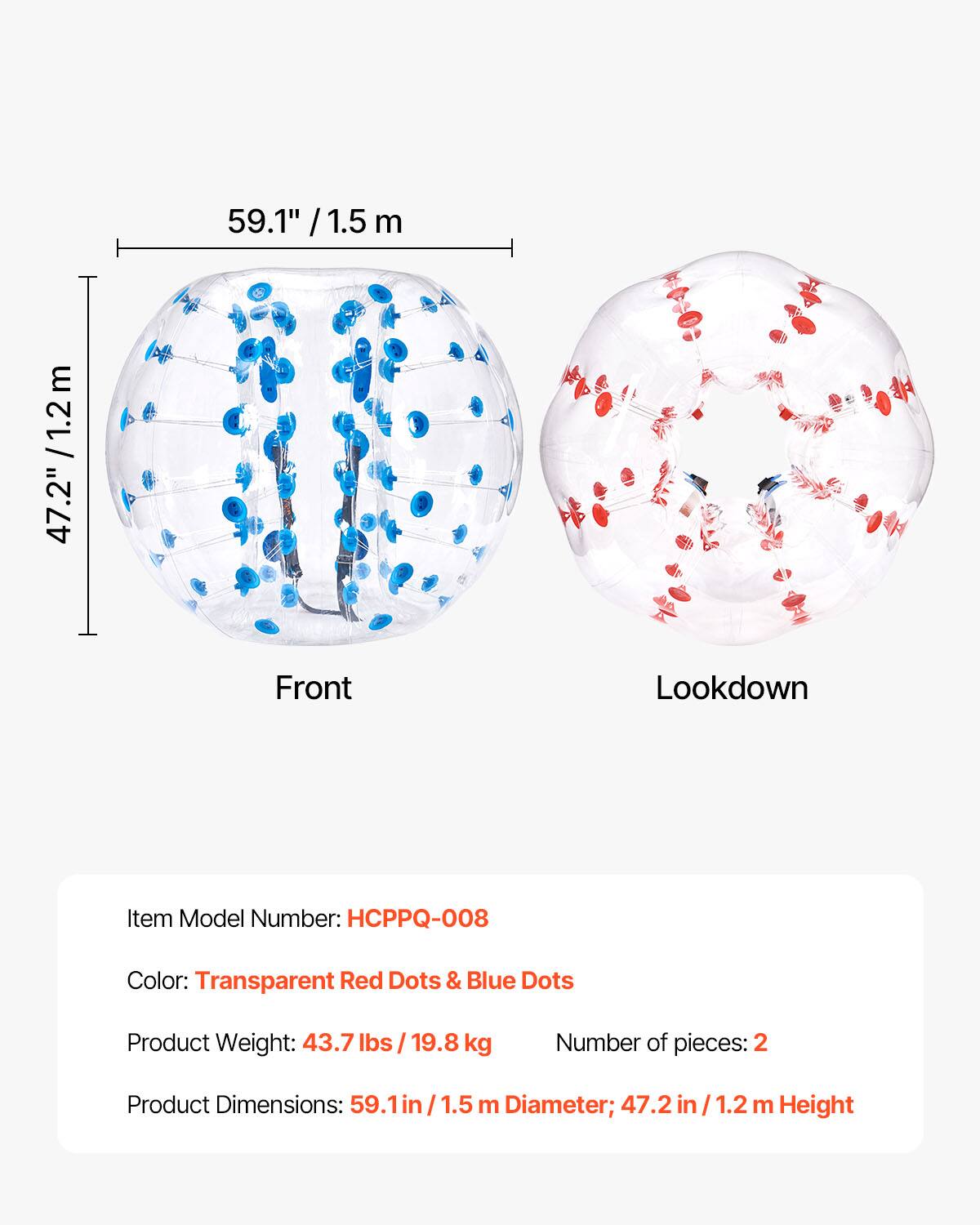 59.1" / 1.5 m  
47.2" / 1.2 m  
Front Lookdown  

Item Model Number: HCPPQ-008  
Color: Transparent Red Dots & Blue Dots  
Product Weight: 43.7 lbs / 19.8 kg  
Number of pieces: 2  
Product Dimensions: 59.1in / 1.5 m Diameter; 47.2 in / 1.2 m Height