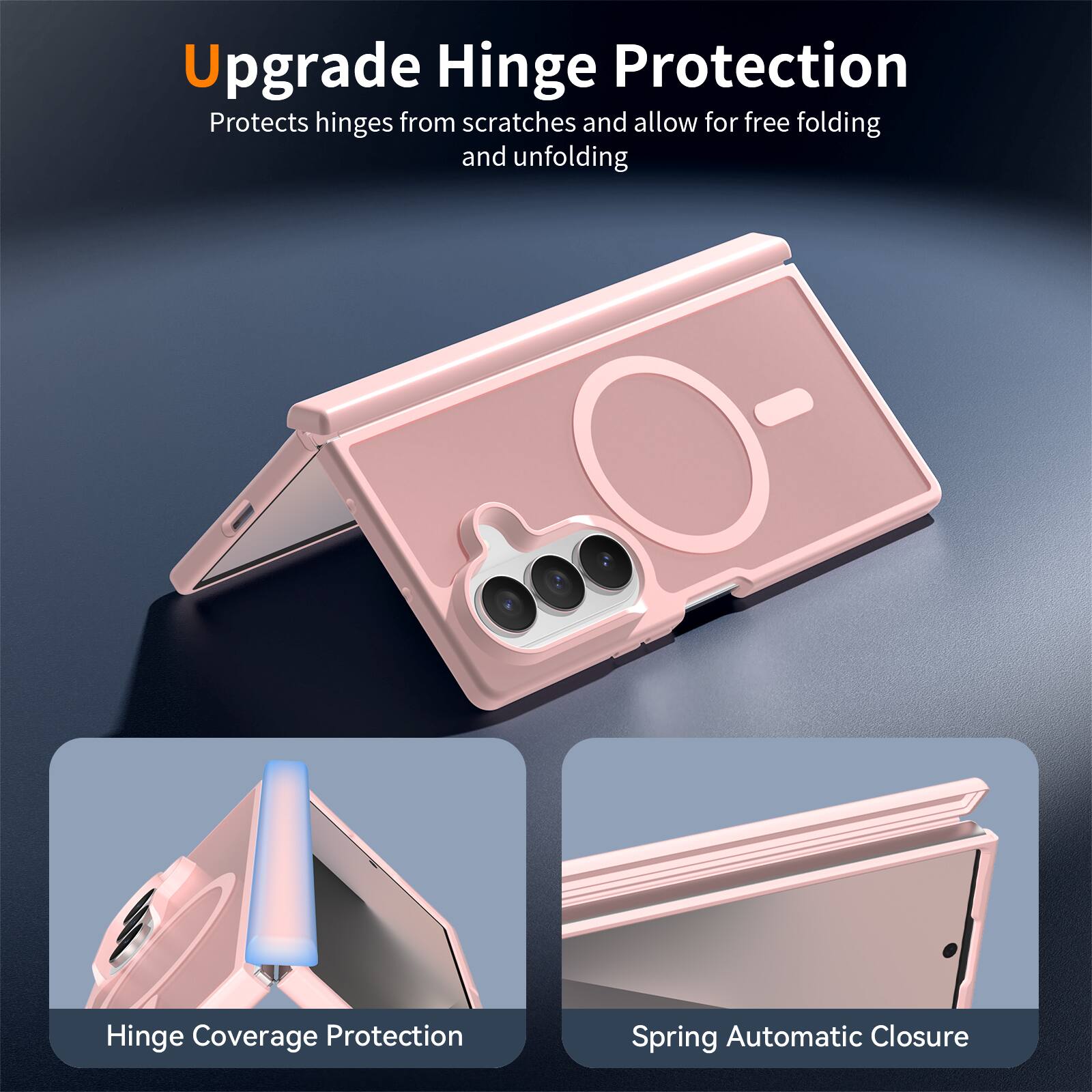 Upgrade Hinge Protection  
Protects hinges from scratches and allow for free folding and unfolding  

Hinge Coverage Protection  

Spring Automatic Closure