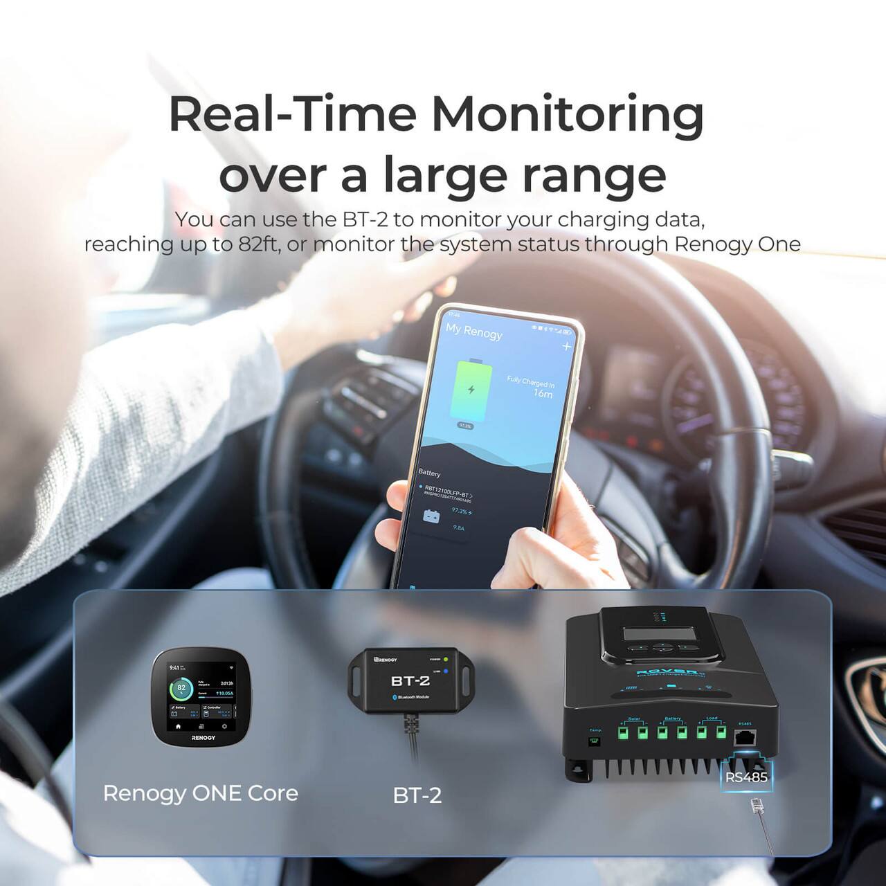 Real-Time Monitoring over a large range: You can use the BT-2 to monitor your charging data, reaching up to 82ft, or monitor the system status through Renogy One. My Renogy + Fully Charged's 16m Battery Monitoring - 7A BT-2 - -a BT-2 - Renogy ONE Core BT-2 RS485.
