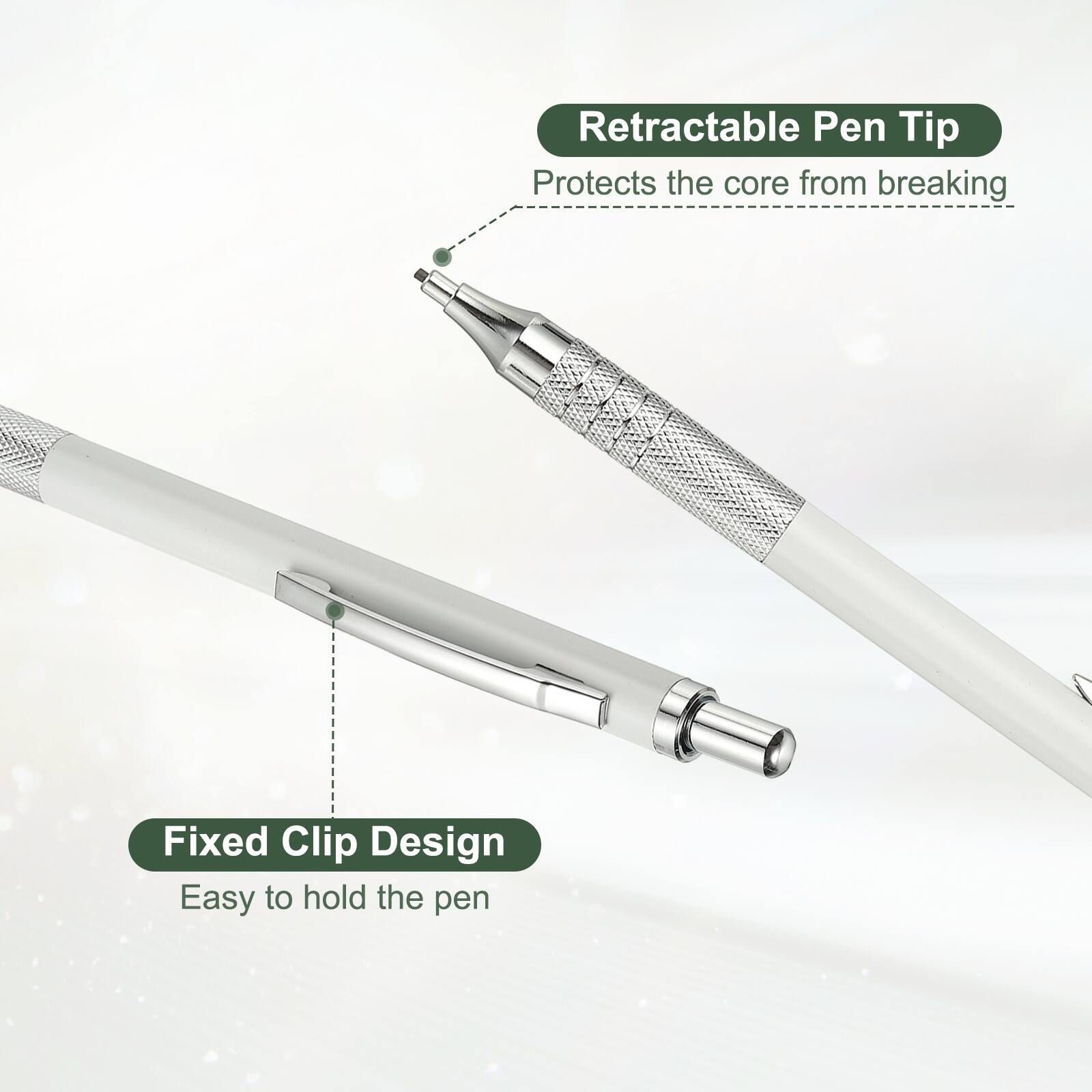 Retractable Pen Tip  
Protects the core from breaking  

Fixed Clip Design  
Easy to hold the pen