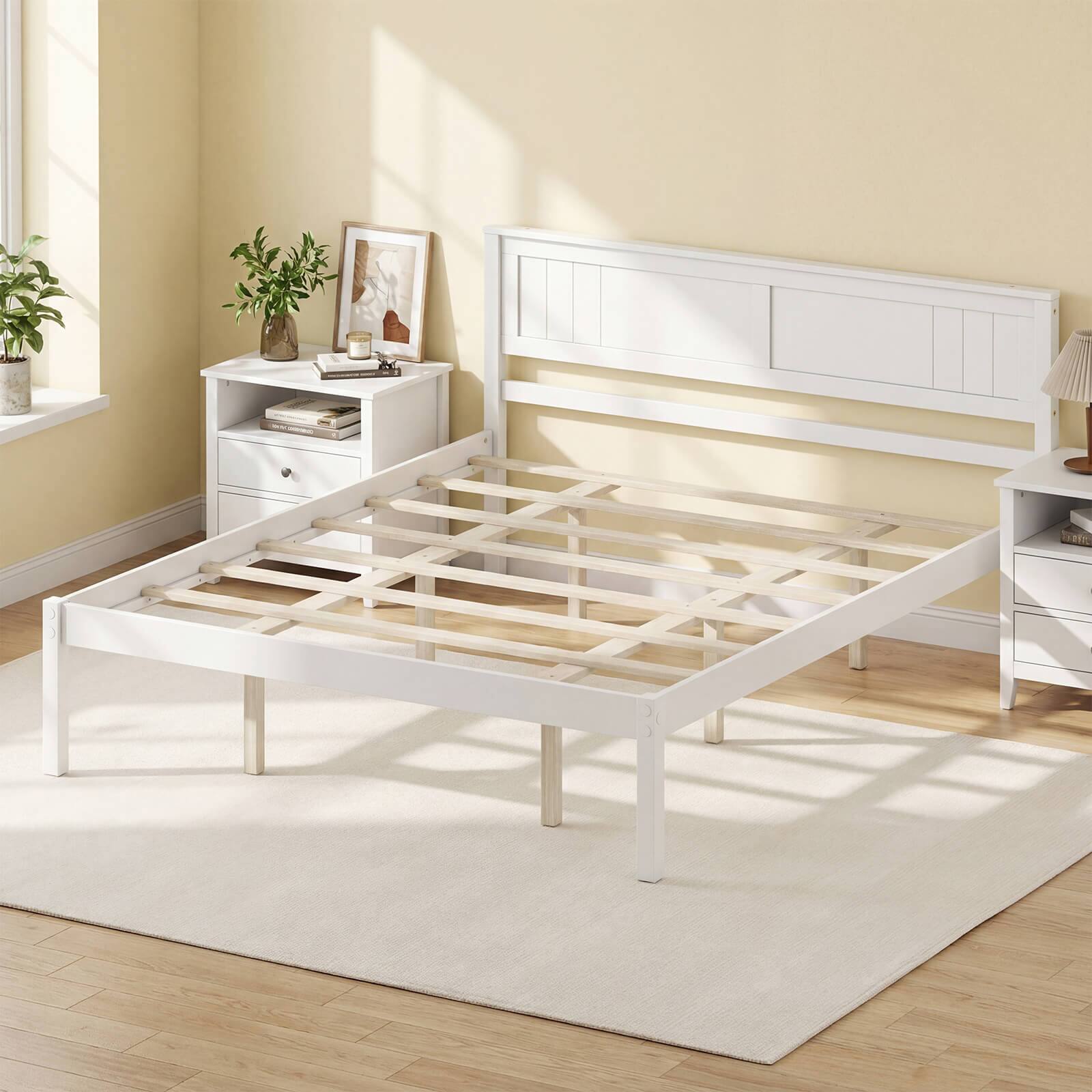 Alt View 4. Costway - Costway Queen Size Wooden Platform Bed Frame with Headboard Mattress Foundation - White.