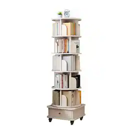 Ecooso - 6 Tier Rotating Bookshelf, 360° Display Round Spinning Bookshelf with Wheels and Drawer, Space-Saving , Warm - White