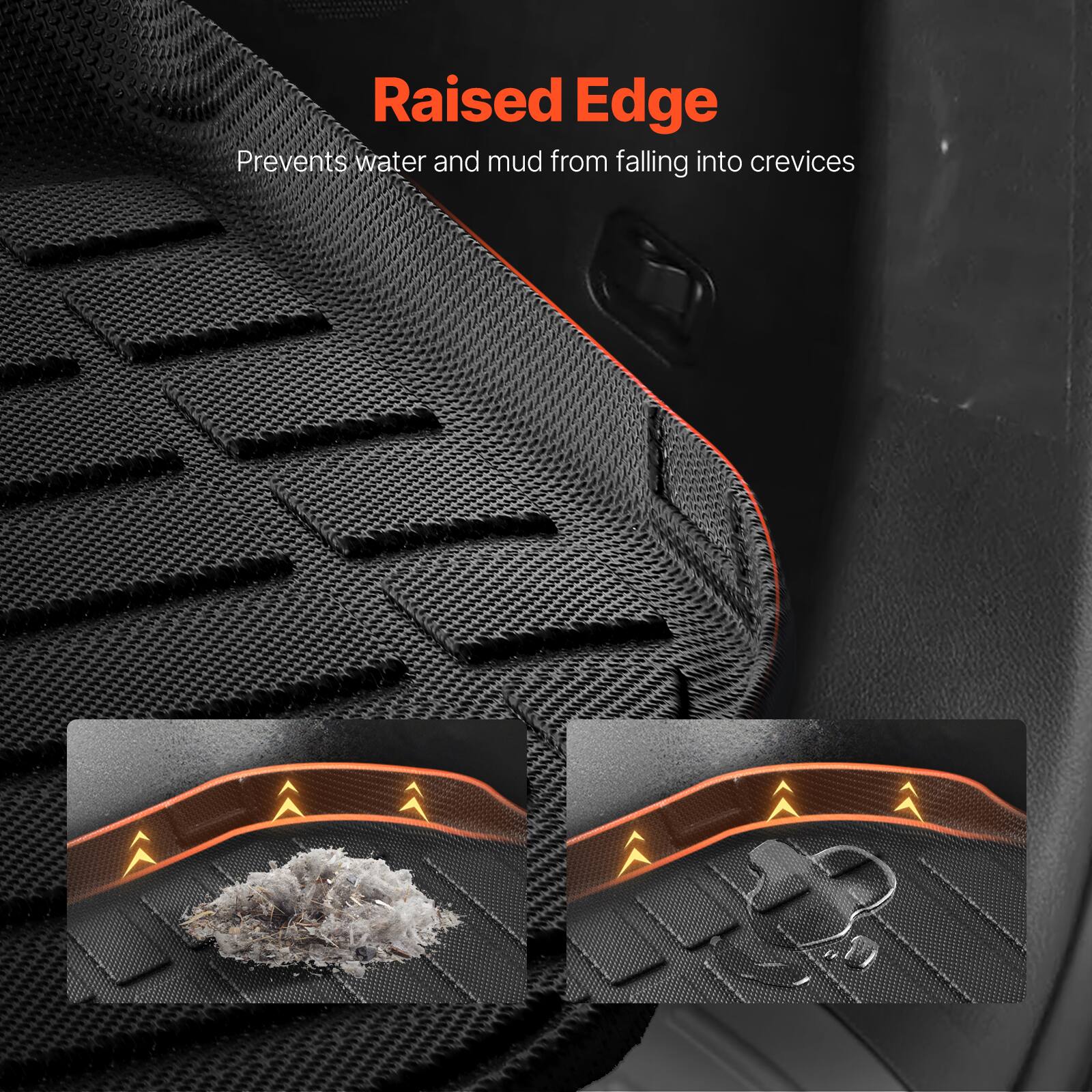 Raised Edge  
Prevents water and mud from falling into crevices