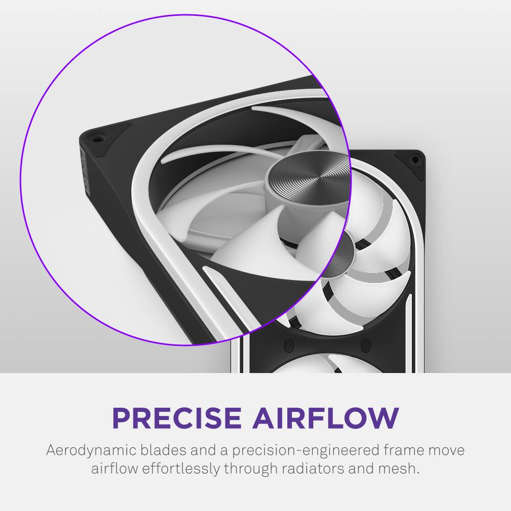 PRECISE AIRFLOW  
Aerodynamic blades and a precision-engineered frame move airflow effortlessly through radiators and mesh.