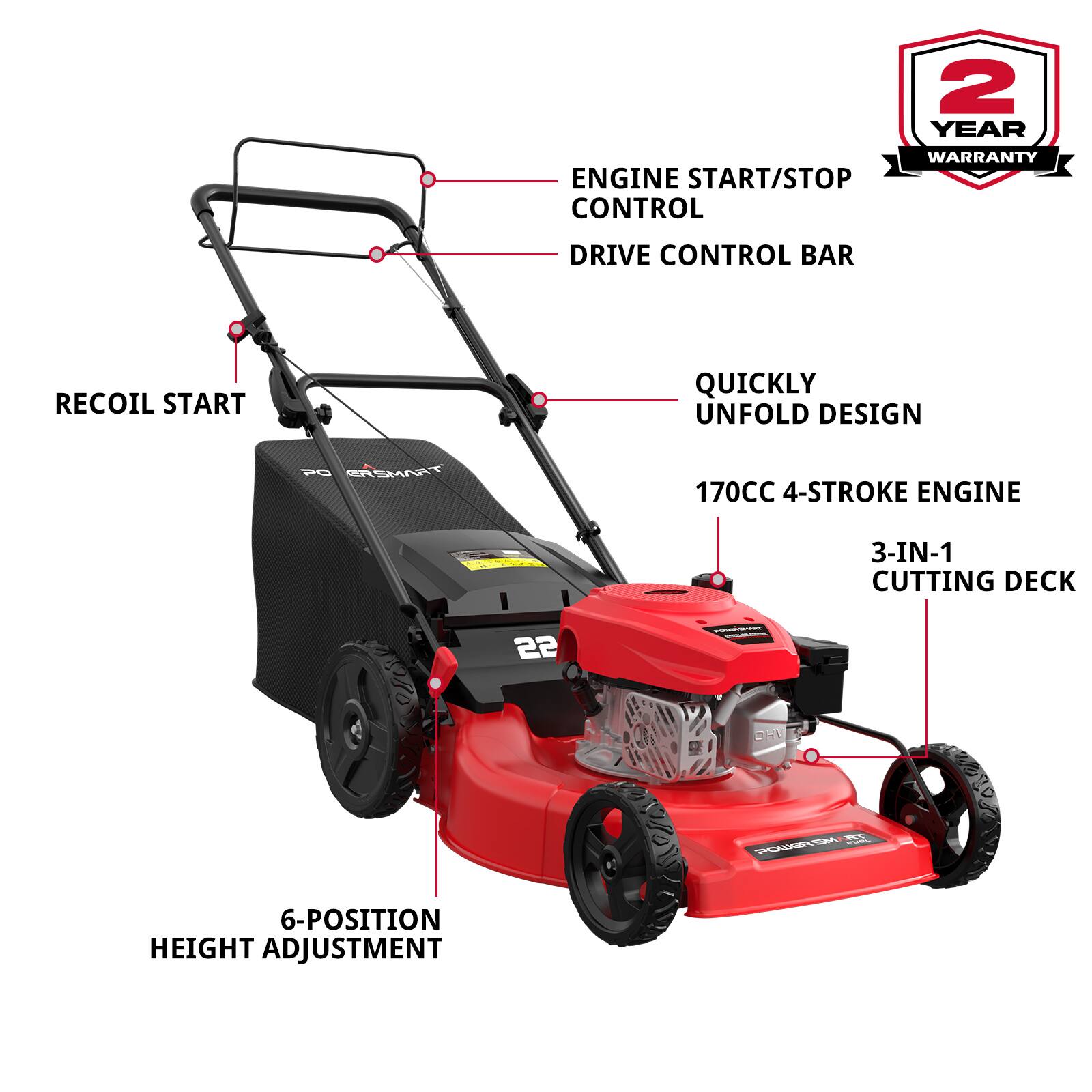 2 YEAR WARRANTY  
ENGINE START/STOP CONTROL  
DRIVE CONTROL BAR  
RECOIL START  
QUICKLY UNFOLD DESIGN  
170CC 4-STROKE ENGINE  
3-IN-1 CUTTING DECK  
22"  
6-POSITION HEIGHT ADJUSTMENT