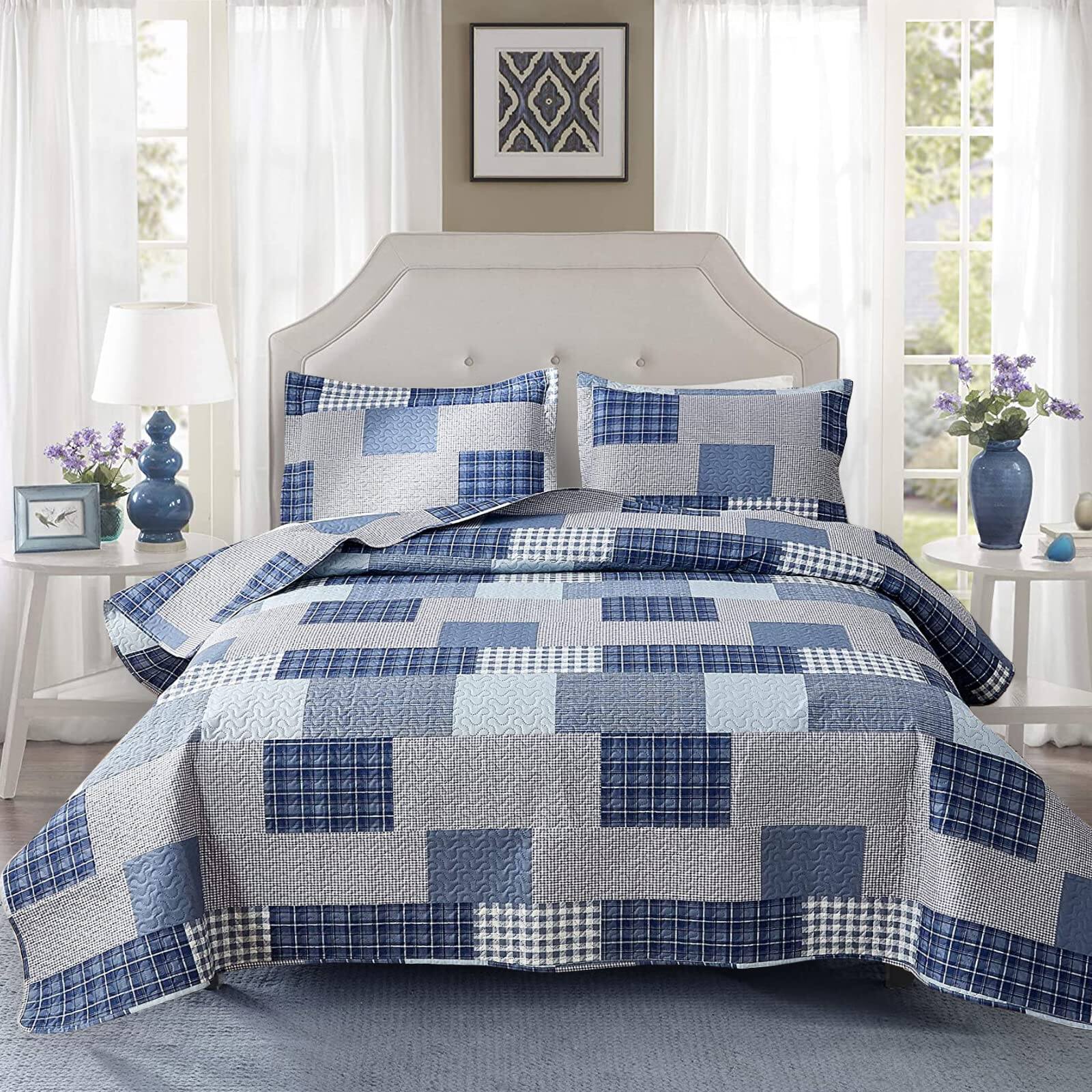 Navy Blue White-King (106 in x 96 in)