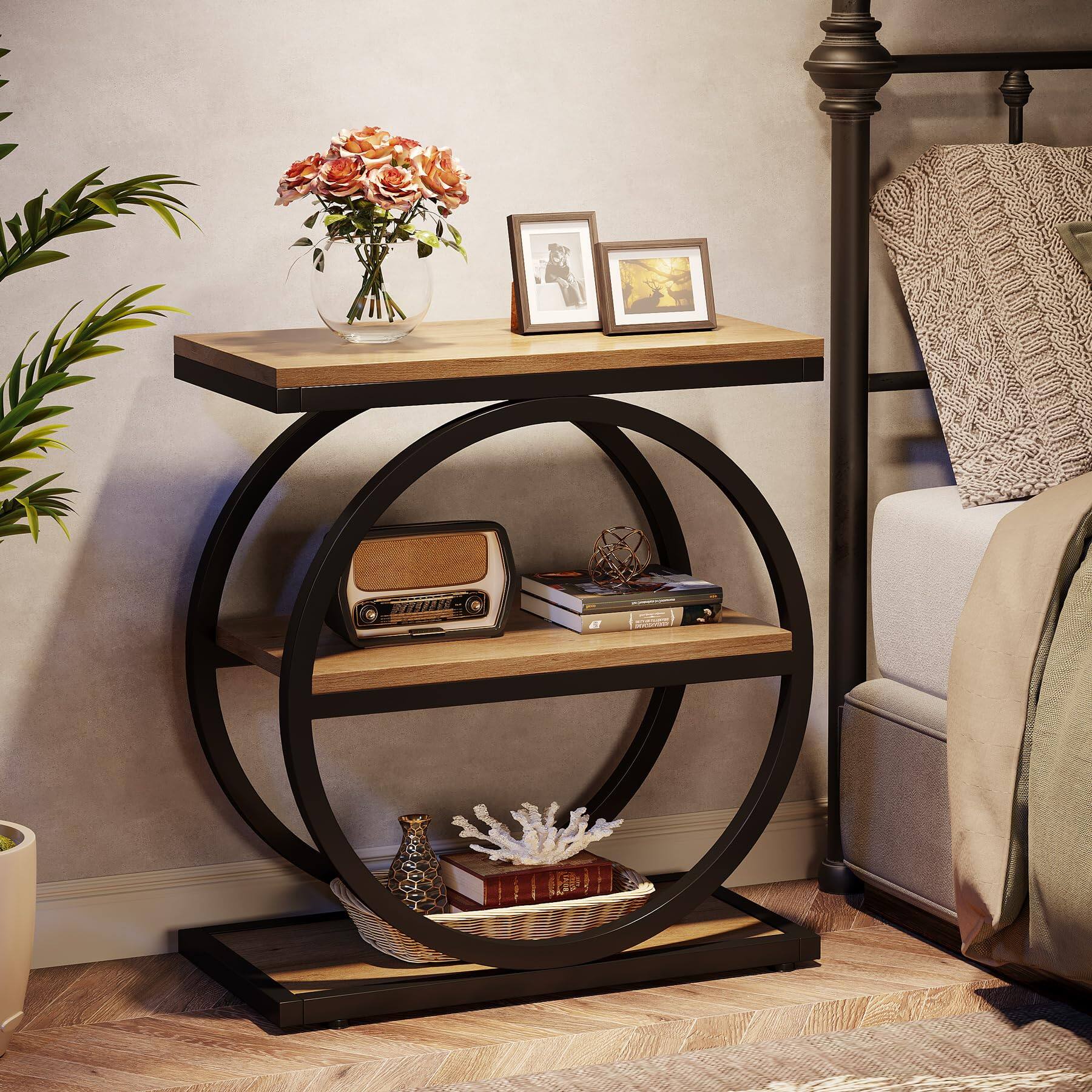 Back. Tribesigns - 23.6-Inch Industrial End Table with 3-Tier Storage Shelves and Round Metal Frame - Oak.