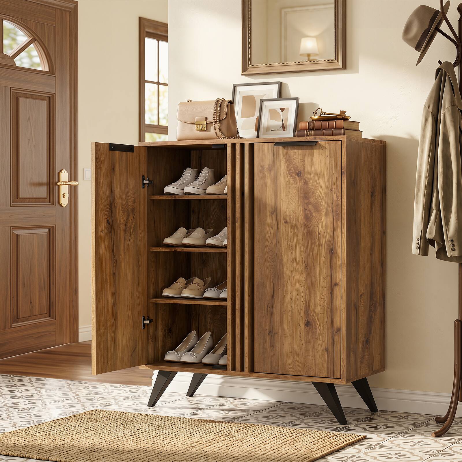 Alt View 1. Costway - Costway Modern Shoe Cabinet, 4-Tier Wooden Shoe Storage Cabinet with 2 Doors for Entryway - Natural.