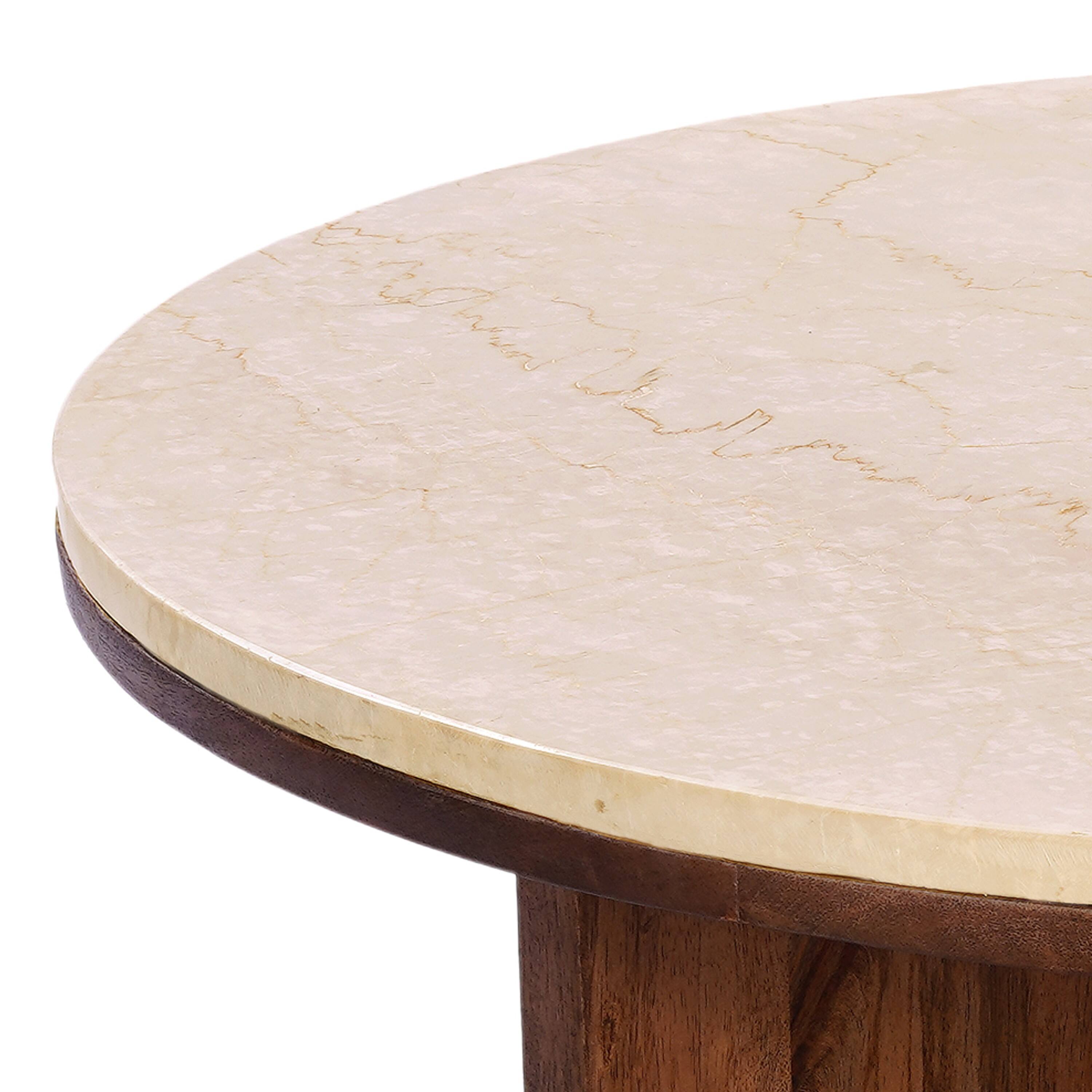 Left. Manhattan Lane - Kara Coffee Table, 29 Inch Round Botticino Marble Top, Brown Mango Wood 3 Panel Tripod Base - Natural Brown, Beige.
