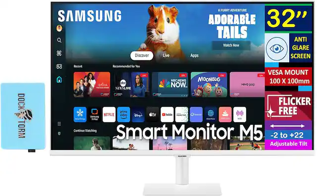 Sure, here is the corrected and grouped text from the image:
---
**SAMSUNG**
**Smart Monitor M5**
- **Discover**
- **Live**
- **Apps**
**A FURRY ADVENTURE**
**ADORABLE TAILS**
**Watch Now**
**32"**
**ANTI GLARE SCREEN**
**VESA MOUNT**
**100 x 100mm**
**FLICKER FREE**
**-2 to +22 Adjustable Tilt**
**Recent**
**Recommended for You**
- **abc NEWS LIVE**
- **NBC NEWS NOW**
- **MOONBUG**
- **vevo pop**
**Continue Watching**
**SmartThings**
**Samsung TV Plus**
**NETFLIX**
**prime video**
**Disney+**
**Apple TV**
**YouTube**
**PROMOTION**
**Internet**
**Global News**
**HOME YOGA**
**MUSIC**
**DOCK: TORM**
---
This text is organized to reflect the layout and content of the image.