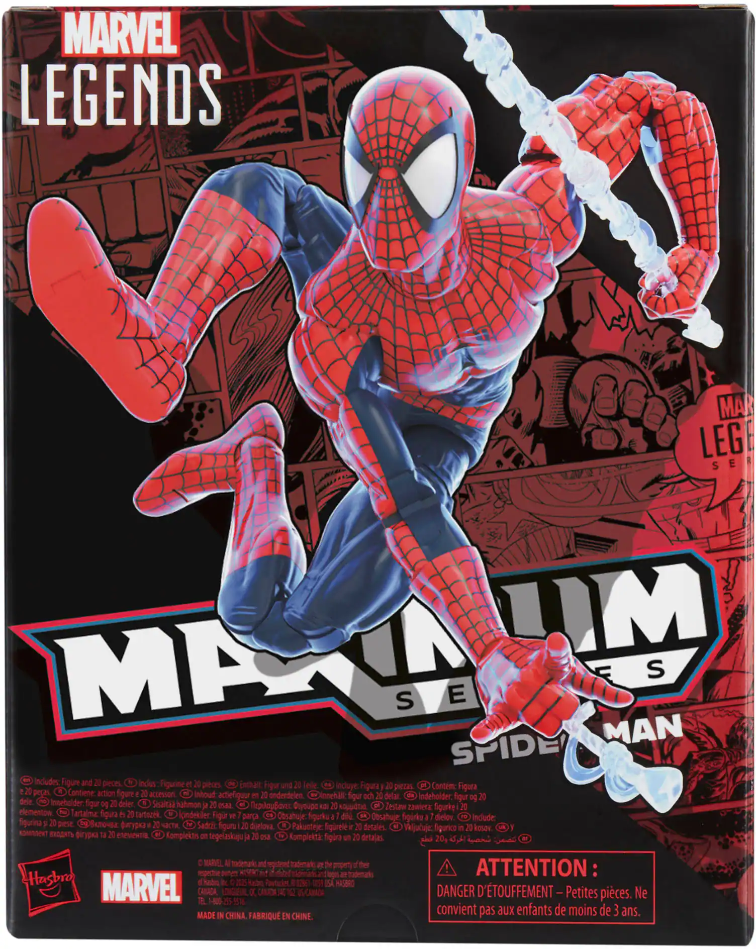The text on the image is in French, so I cannot provide a corrected version in English. However, I can provide a general description of the content in English. The image features a Spider-Man action figure from the Marvel Legends series. The figure is shown in a dynamic pose, possibly jumping or swinging a web. The image also includes a call to action, possibly encouraging people to purchase the action figure or participate in a related event.