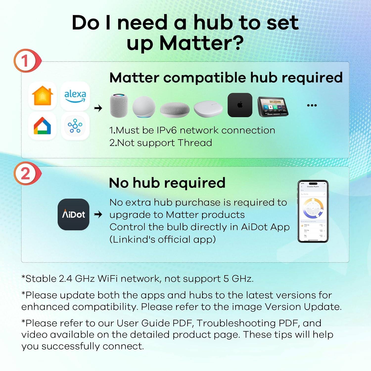 Do I need a hub to set up Matter?

1. Matter compatible hub required
   - Must be IPv6 network connection
   - Not support Thread

2. No hub required
   - No extra hub purchase is required to upgrade to Matter products
   - Control the bulb directly in AiDot App (Linkind's official app)

*Stable 2.4 GHz WiFi network, not support 5 GHz.
*Please update both the apps and hubs to the latest versions for enhanced compatibility. Please refer to the image Version Update.
*Please refer to our User Guide PDF, Troubleshooting PDF, and video available on the detailed product page. These tips will help you successfully connect.